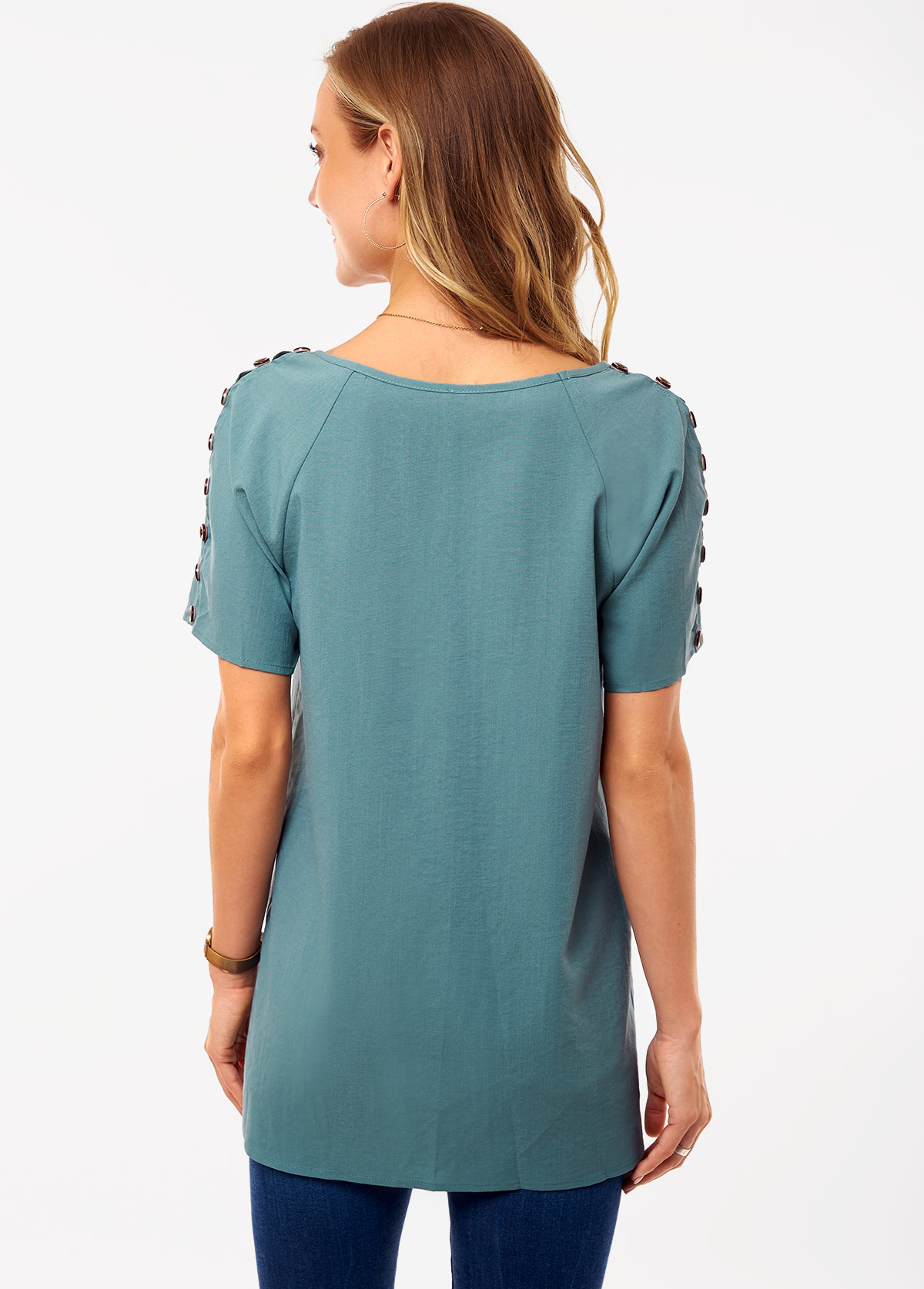 Green Button Short Sleeve V Neck Shirt | picture 