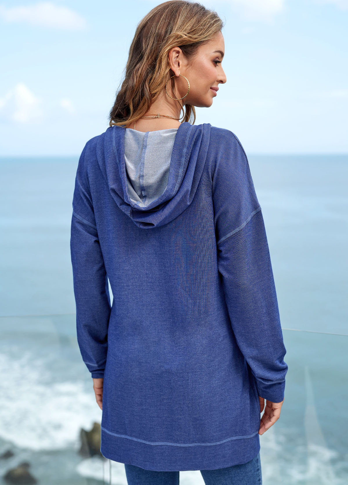 Solid Long Sleeve Pocket Drawstring Detail Hoodie | picture 