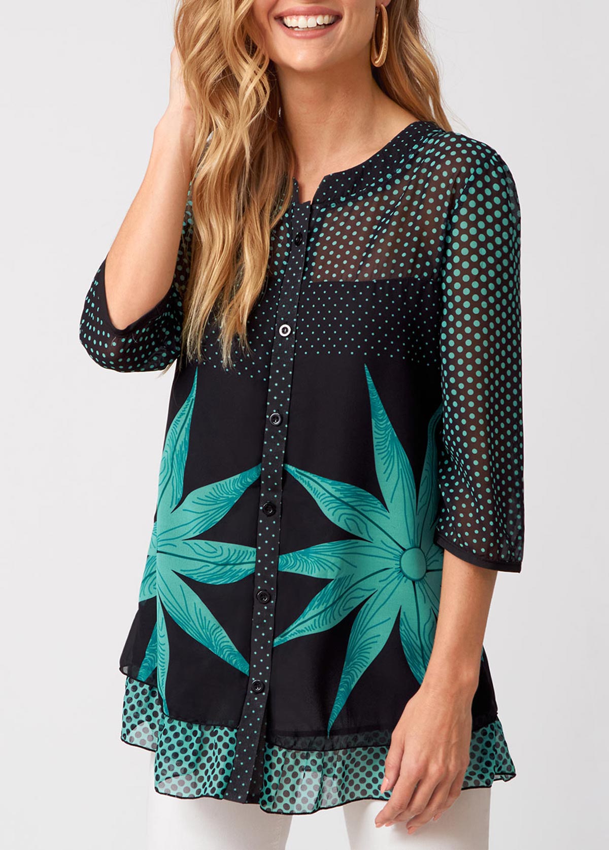 Polka Dot Button Up 3/4 Sleeve Blouse | picture 