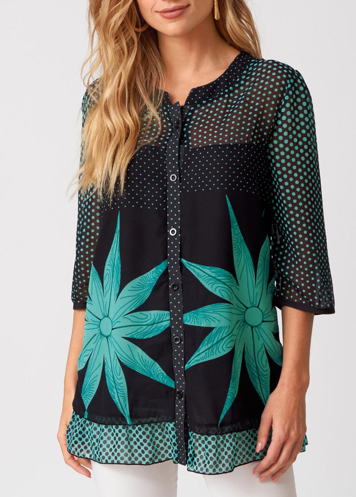 Polka Dot Button Up 3/4 Sleeve Blouse | picture 