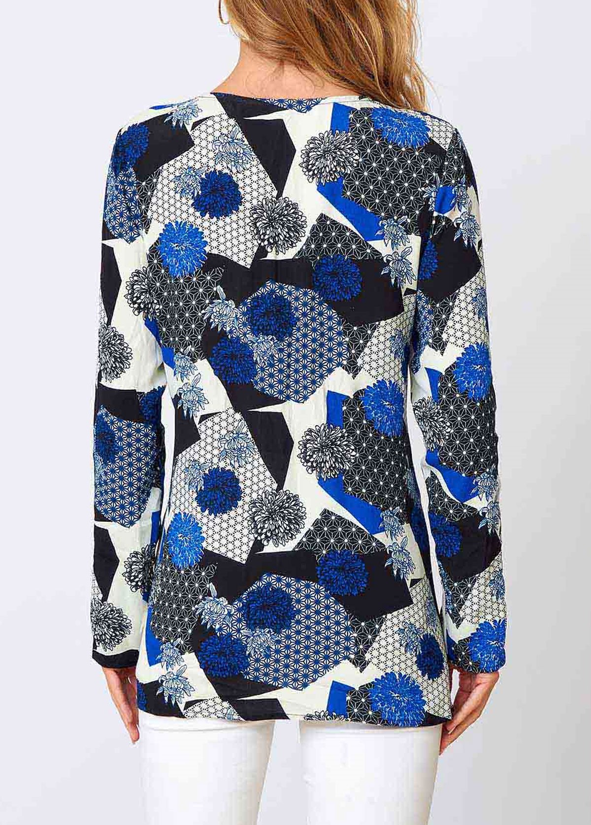 Blue Lace Floral Print Long Sleeve V Neck Shirt | picture 
