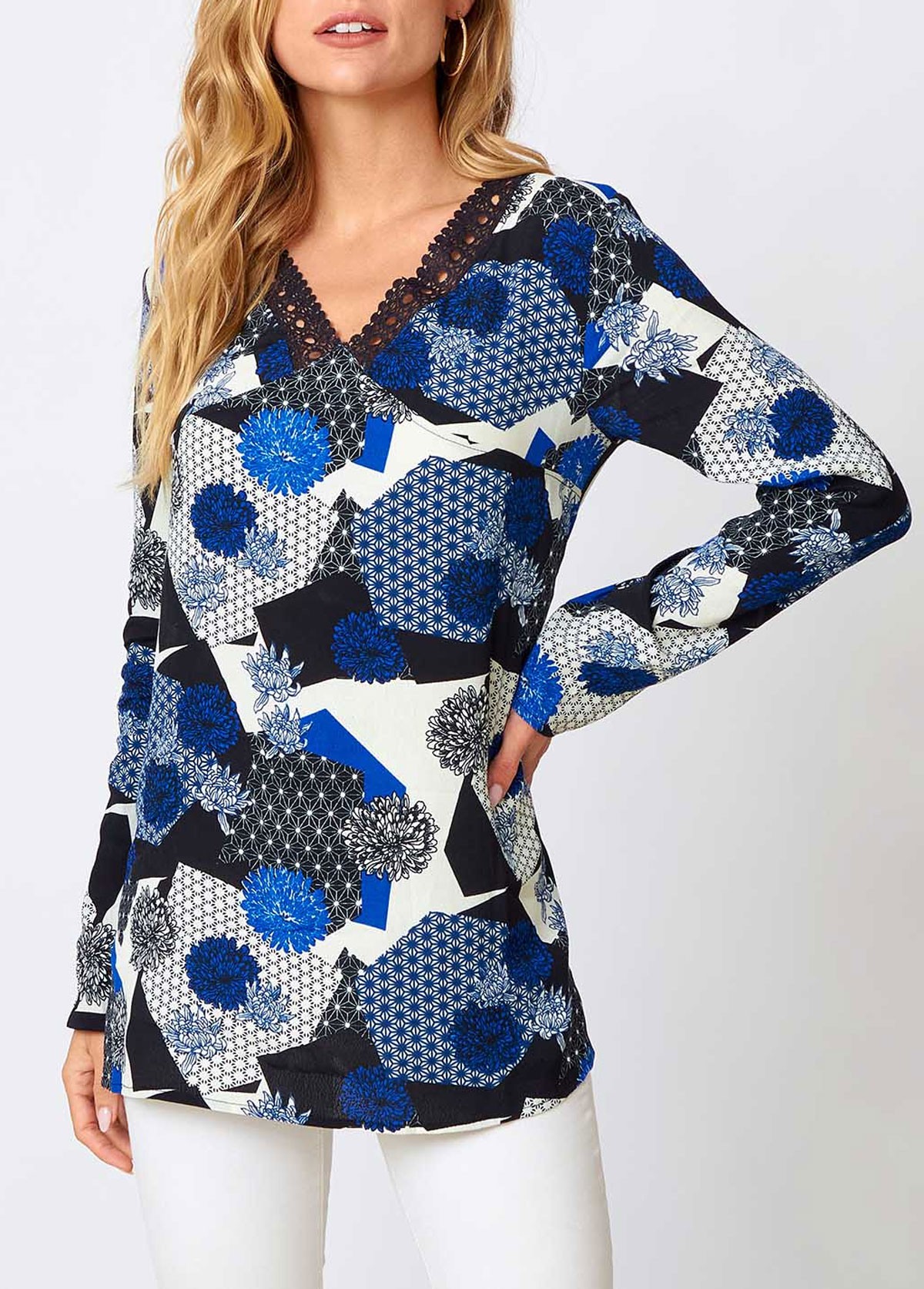 Blue Lace Floral Print Long Sleeve V Neck Shirt | picture 