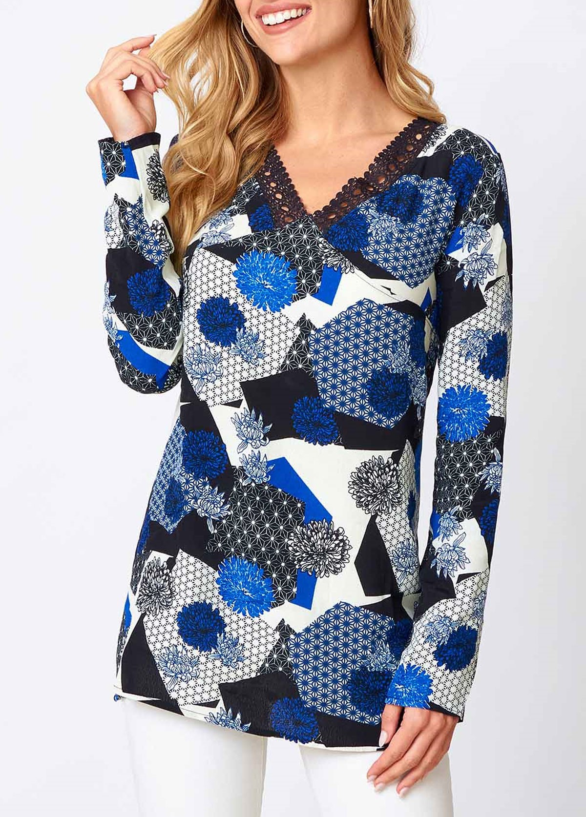 Blue Lace Floral Print Long Sleeve V Neck Shirt | picture 