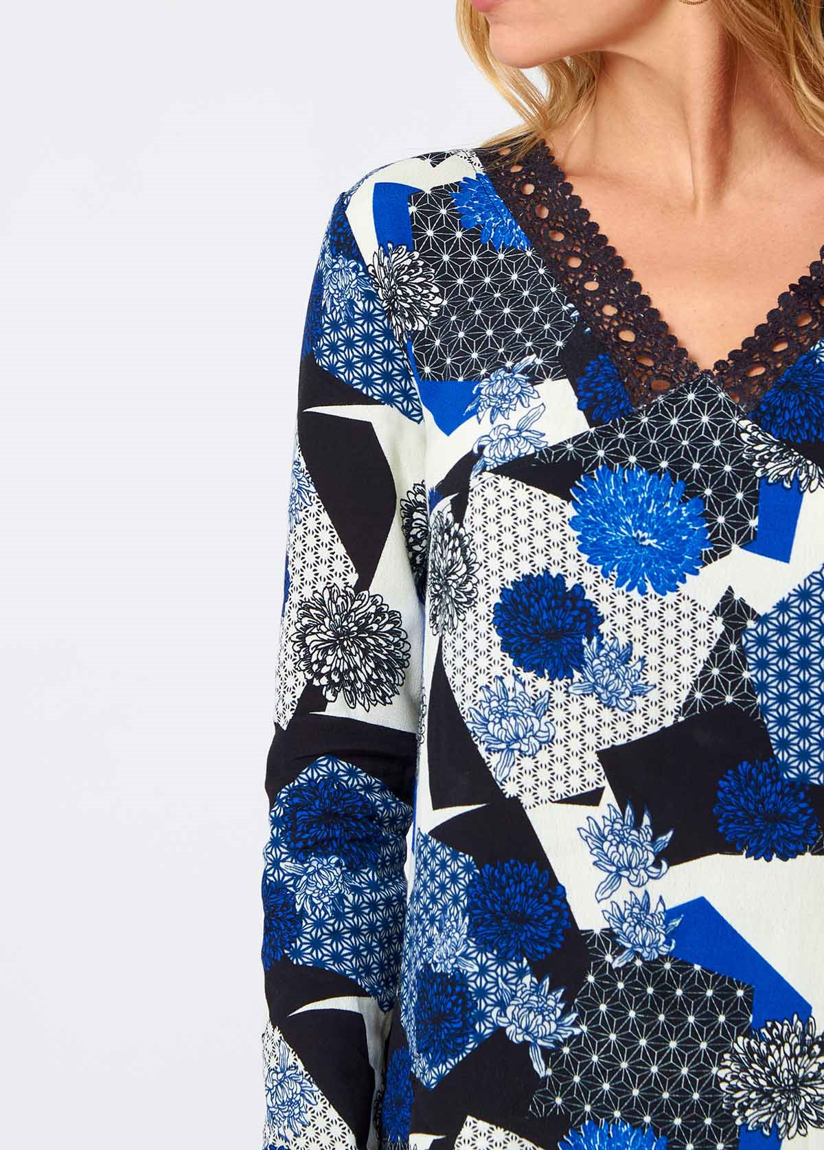 Blue Lace Floral Print Long Sleeve V Neck Shirt | picture 