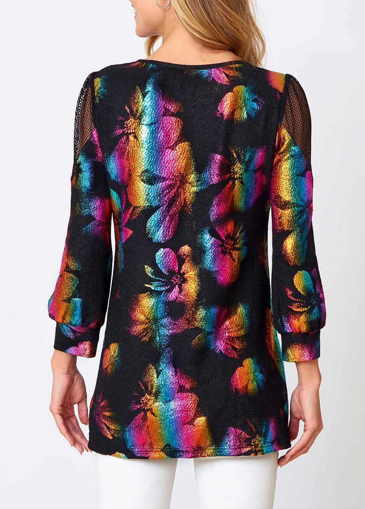 Fishnet Panel Colorful Round Neck Sweatshirt | picture 