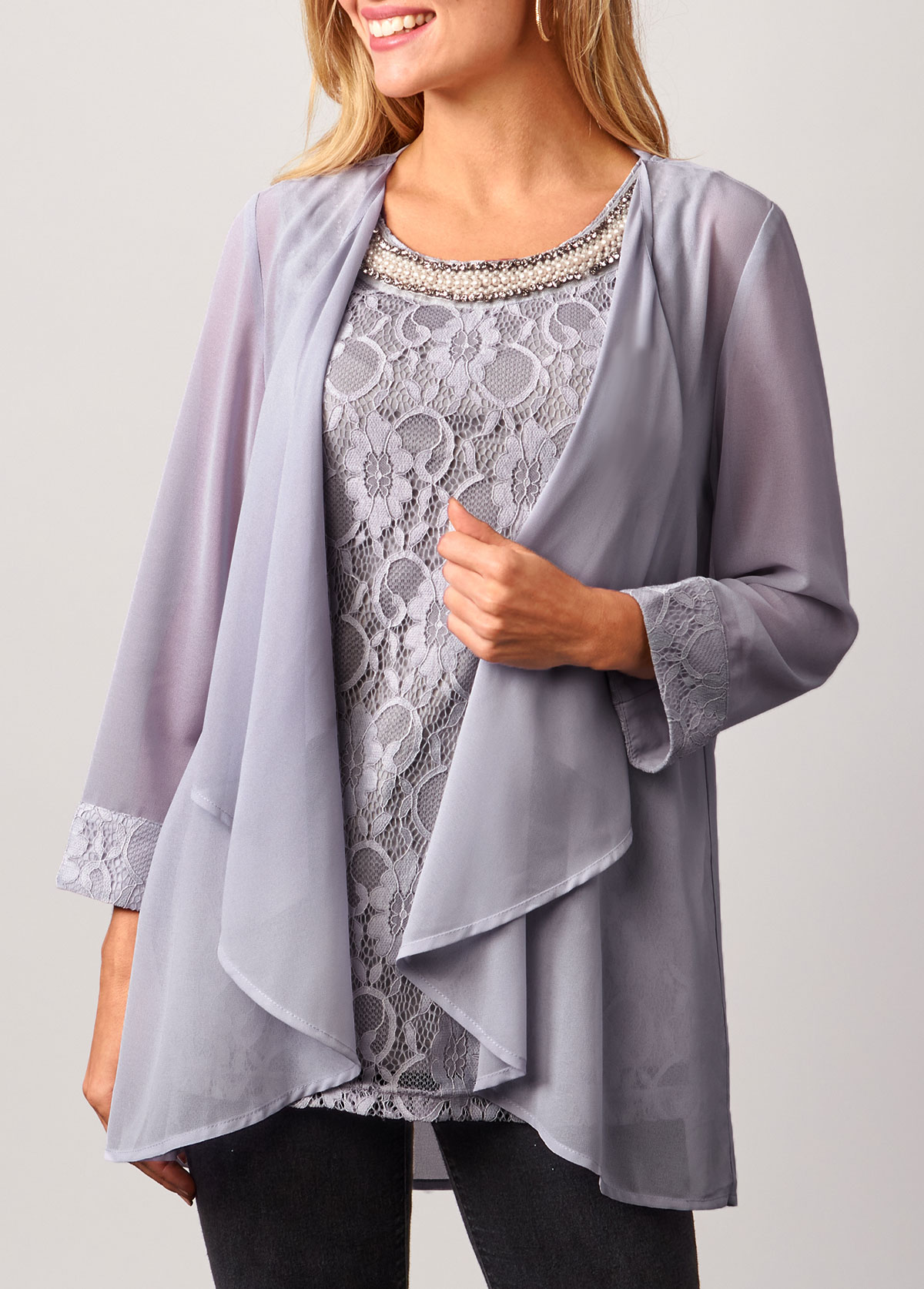 Lace Patchwork Cardigan and Grey Tank Top | picture 1