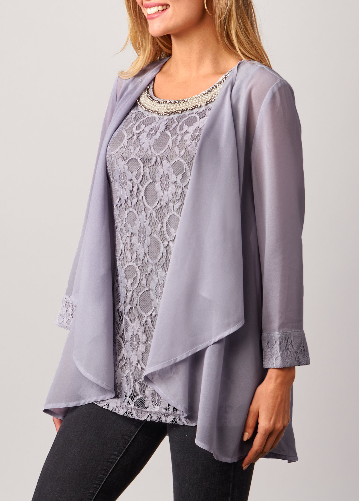 Lace Patchwork Cardigan and Grey Tank Top | picture 3
