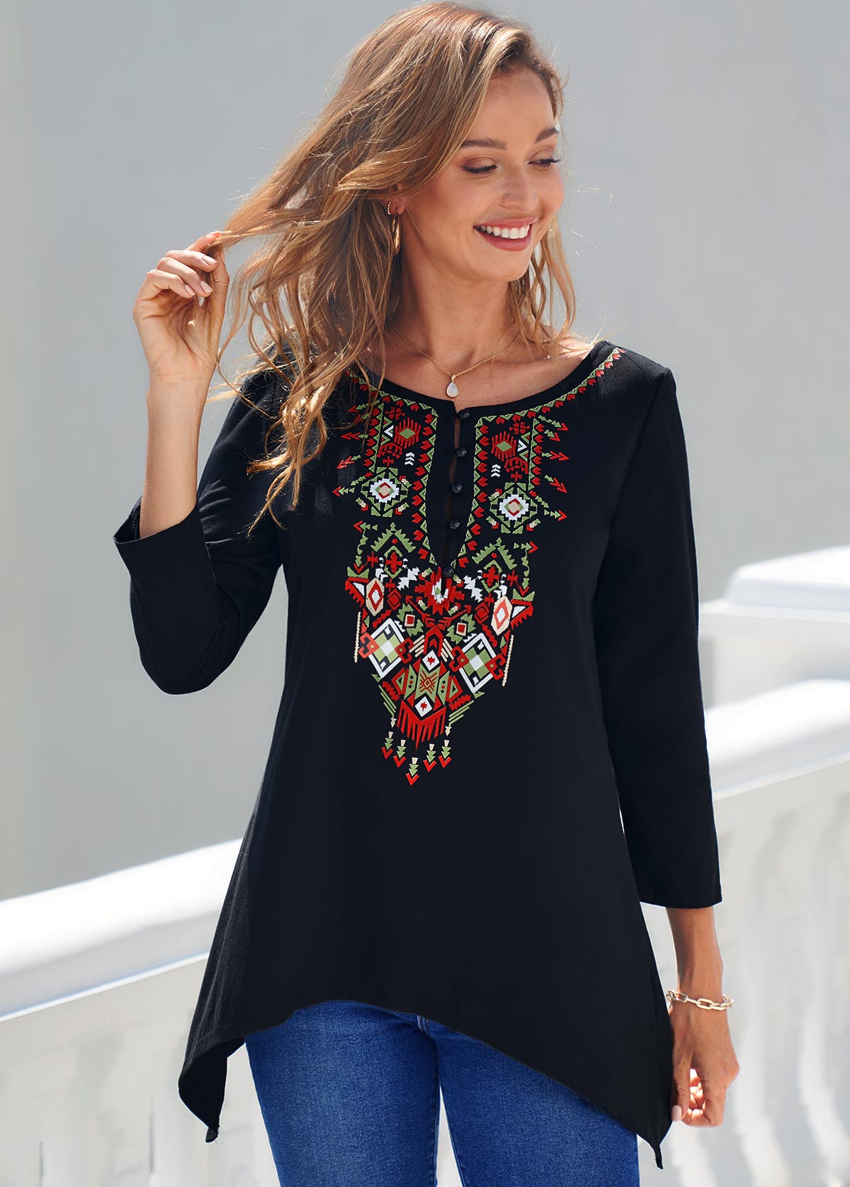 Tribal Print Black Asymmetric Hem T Shirt | picture 