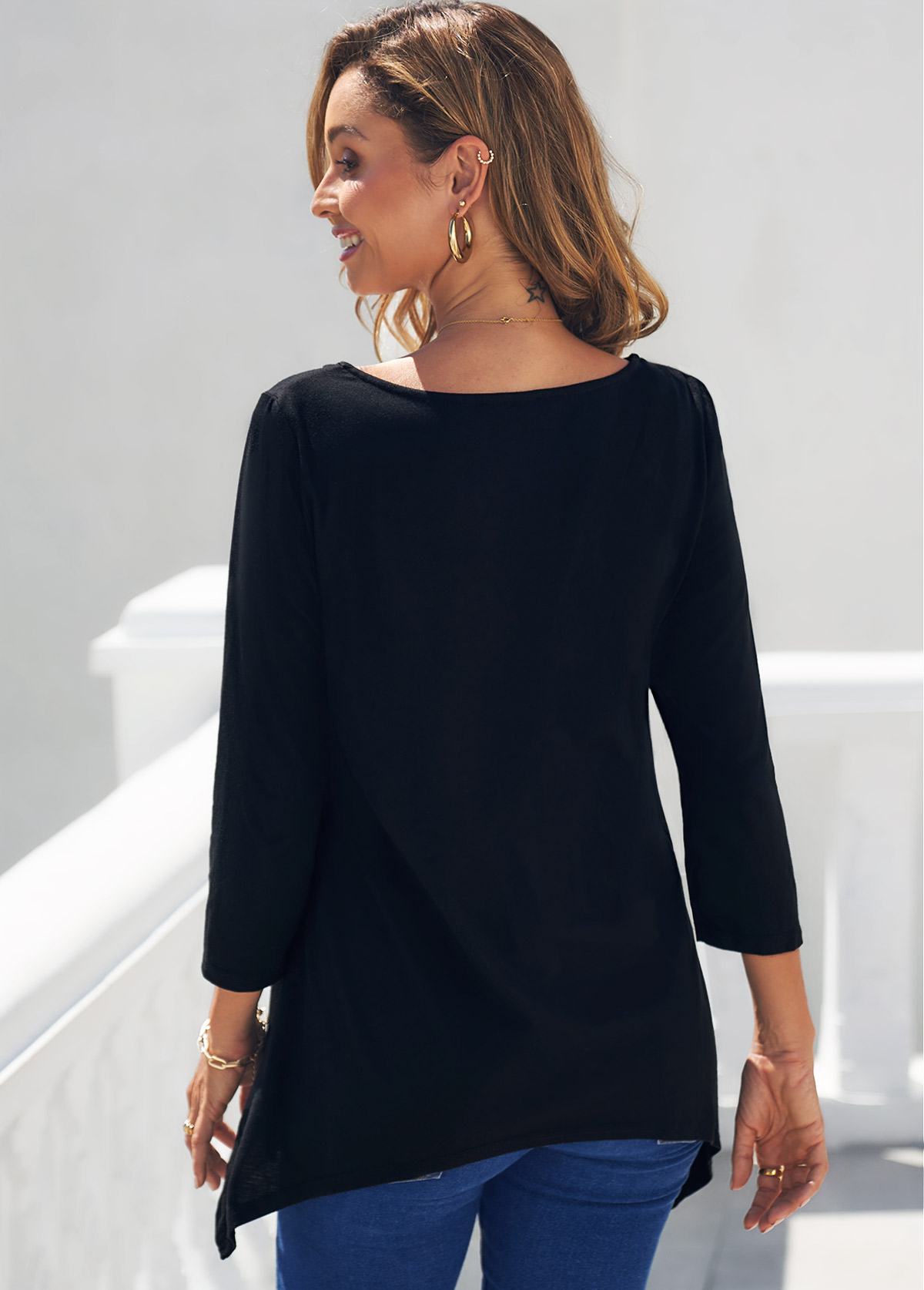 Tribal Print Black Asymmetric Hem T Shirt | picture 