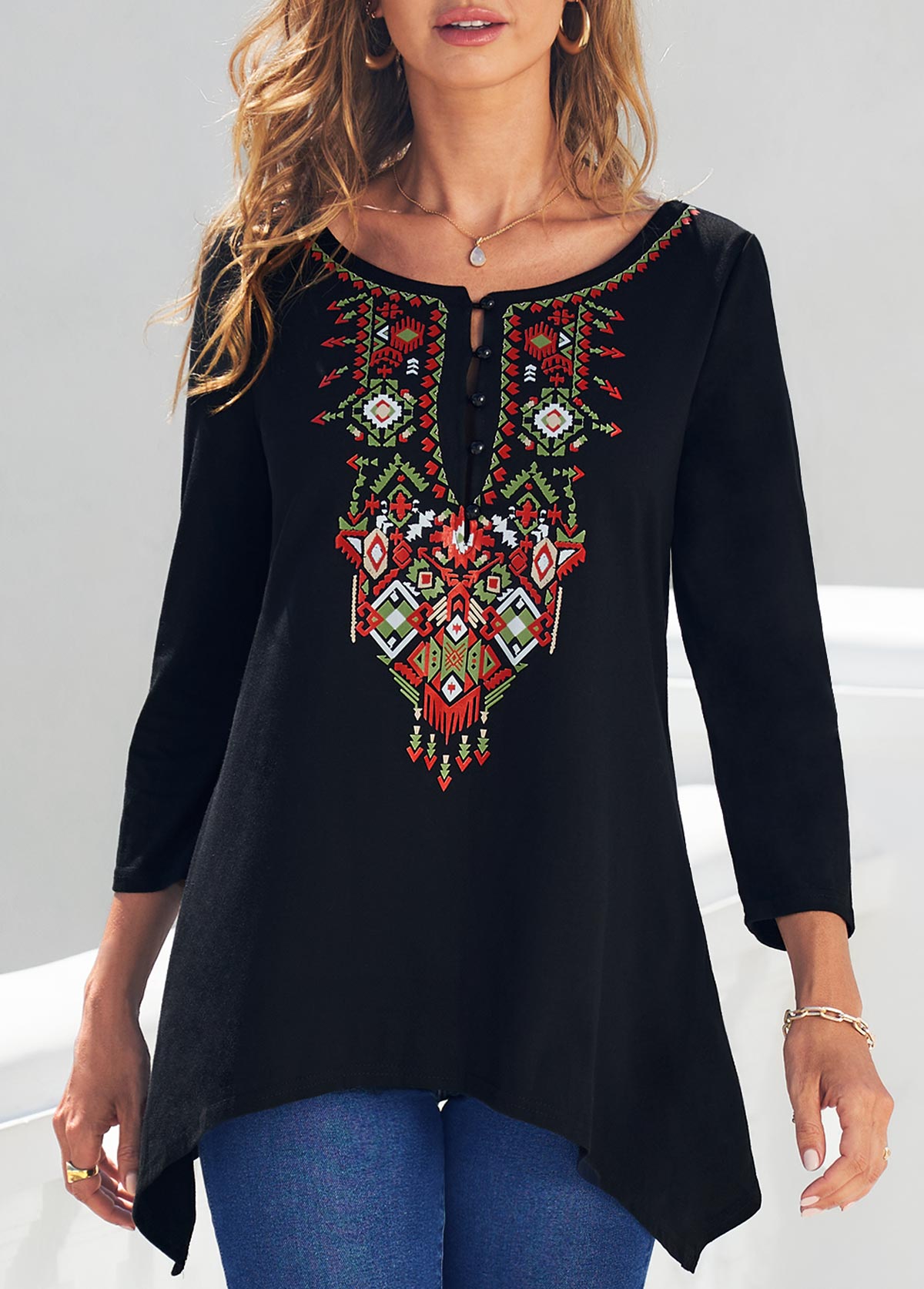 Tribal Print Black Asymmetric Hem T Shirt | picture 