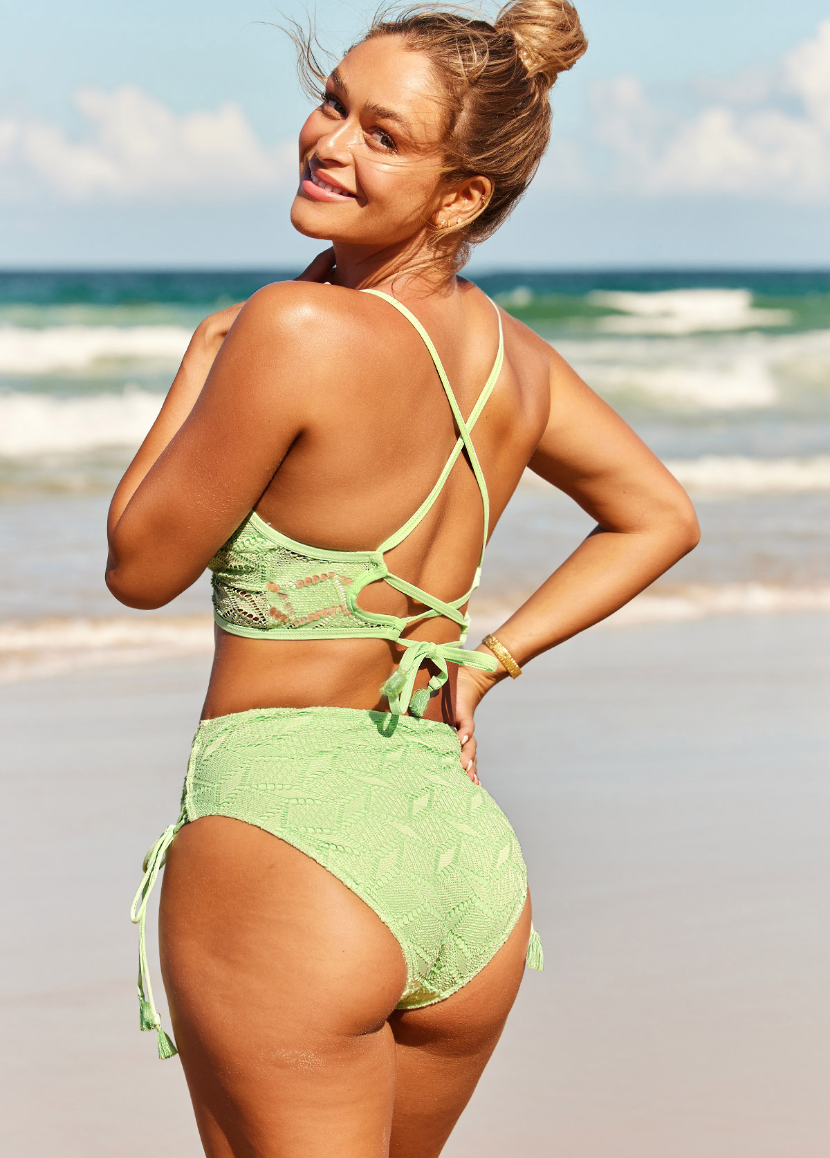 Mint Green Cross Strap Lace Panel Bikini Set | picture 