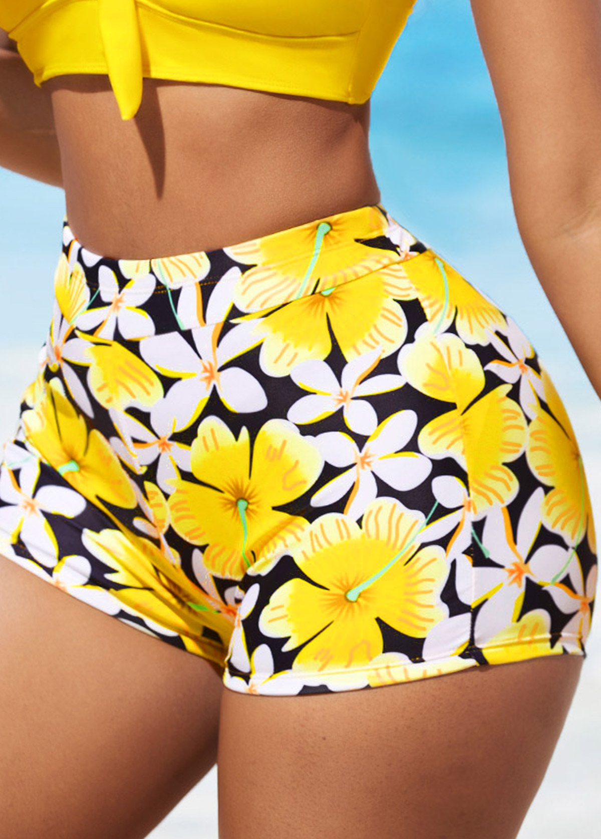 High Waisted Floral Print Yellow Swim Shorts | picture 