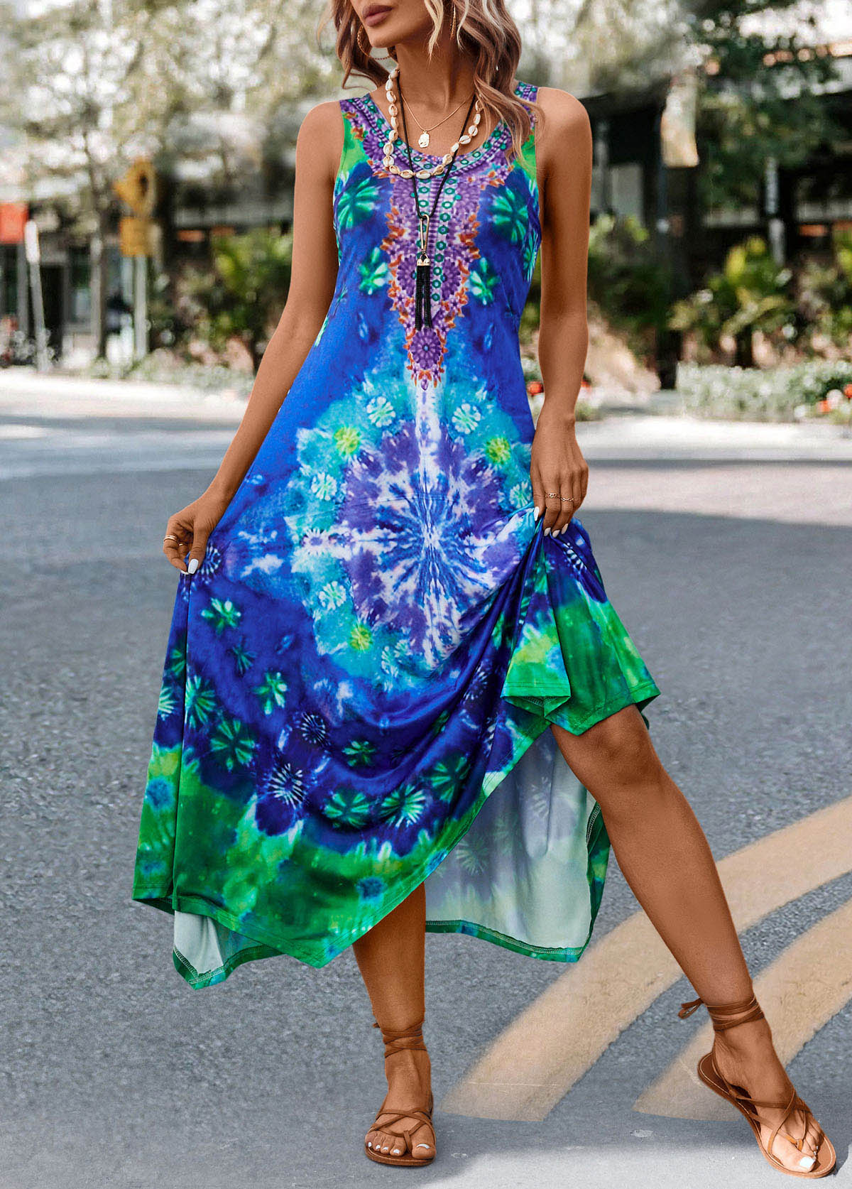 Blue Asymmetry Tie Dye Print H Shape Dress | picture 