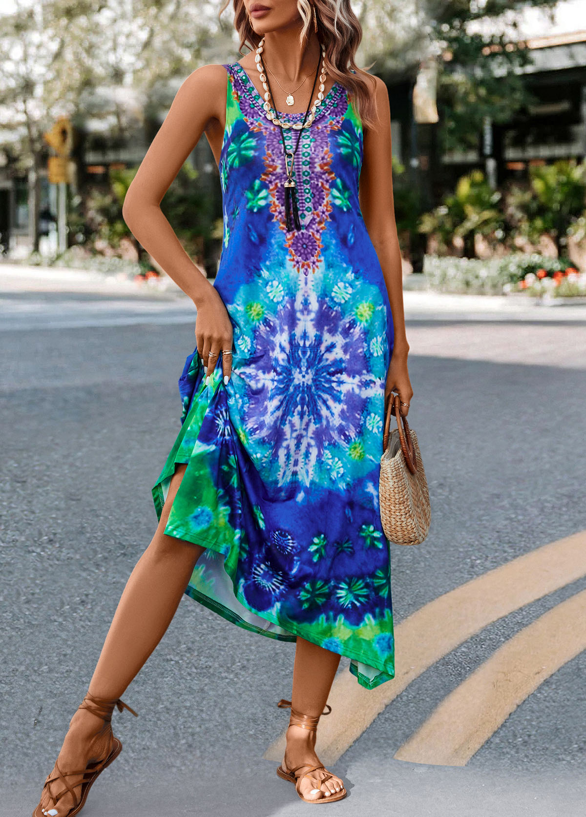 Blue Asymmetry Tie Dye Print H Shape Dress | picture 