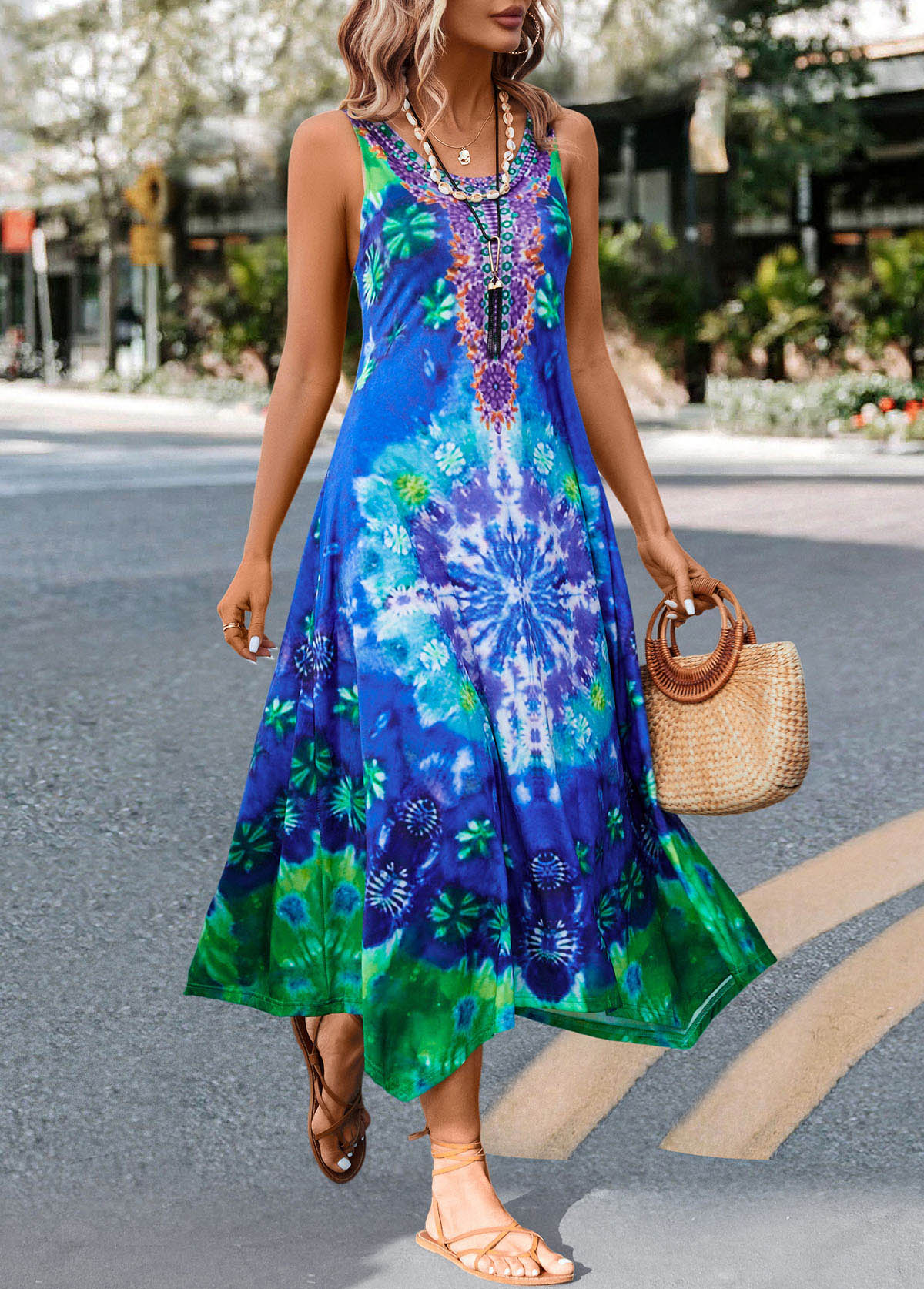 Blue Asymmetry Tie Dye Print H Shape Dress | picture 