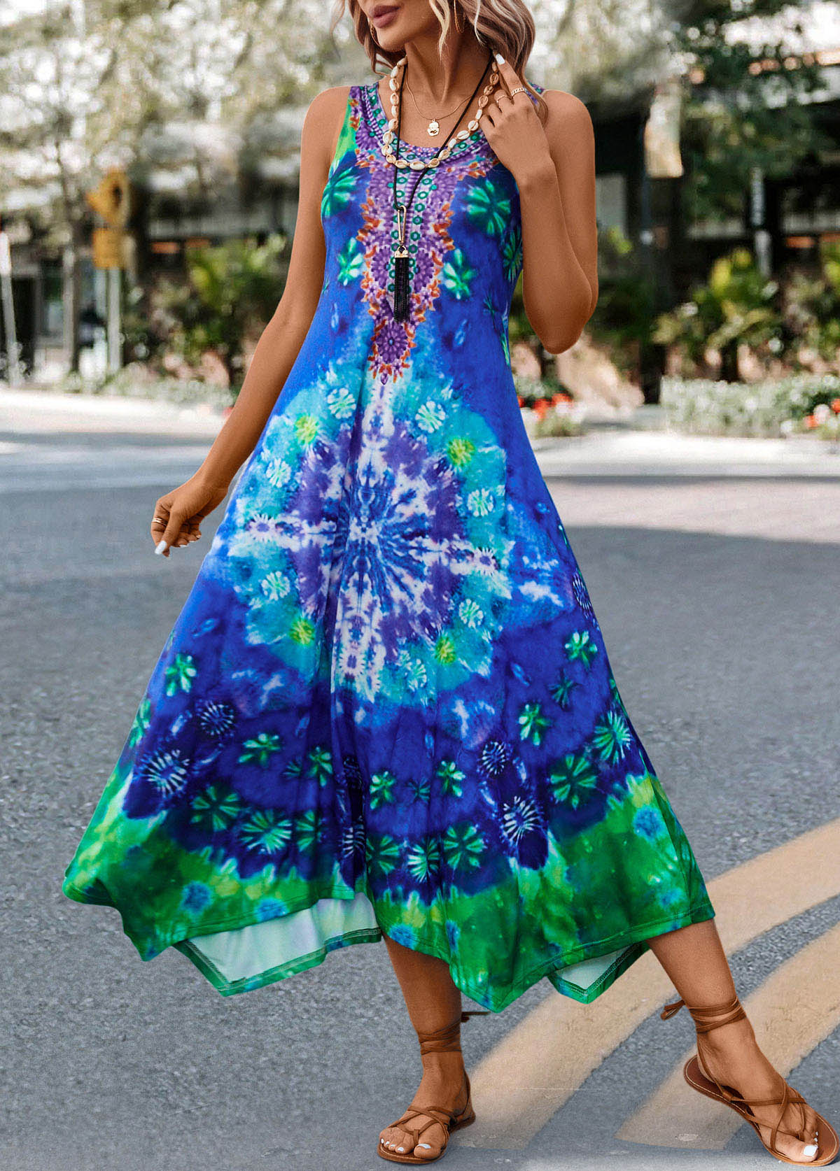 Blue Asymmetry Tie Dye Print H Shape Dress | picture 