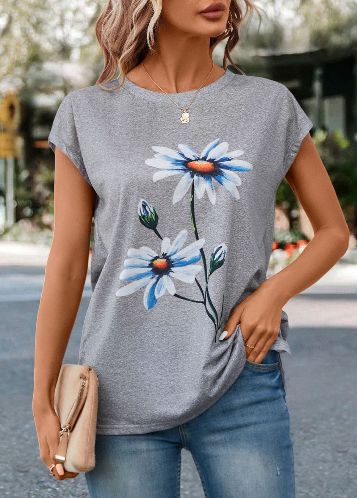 Light Grey Marl Floral Print T Shirt | picture 
