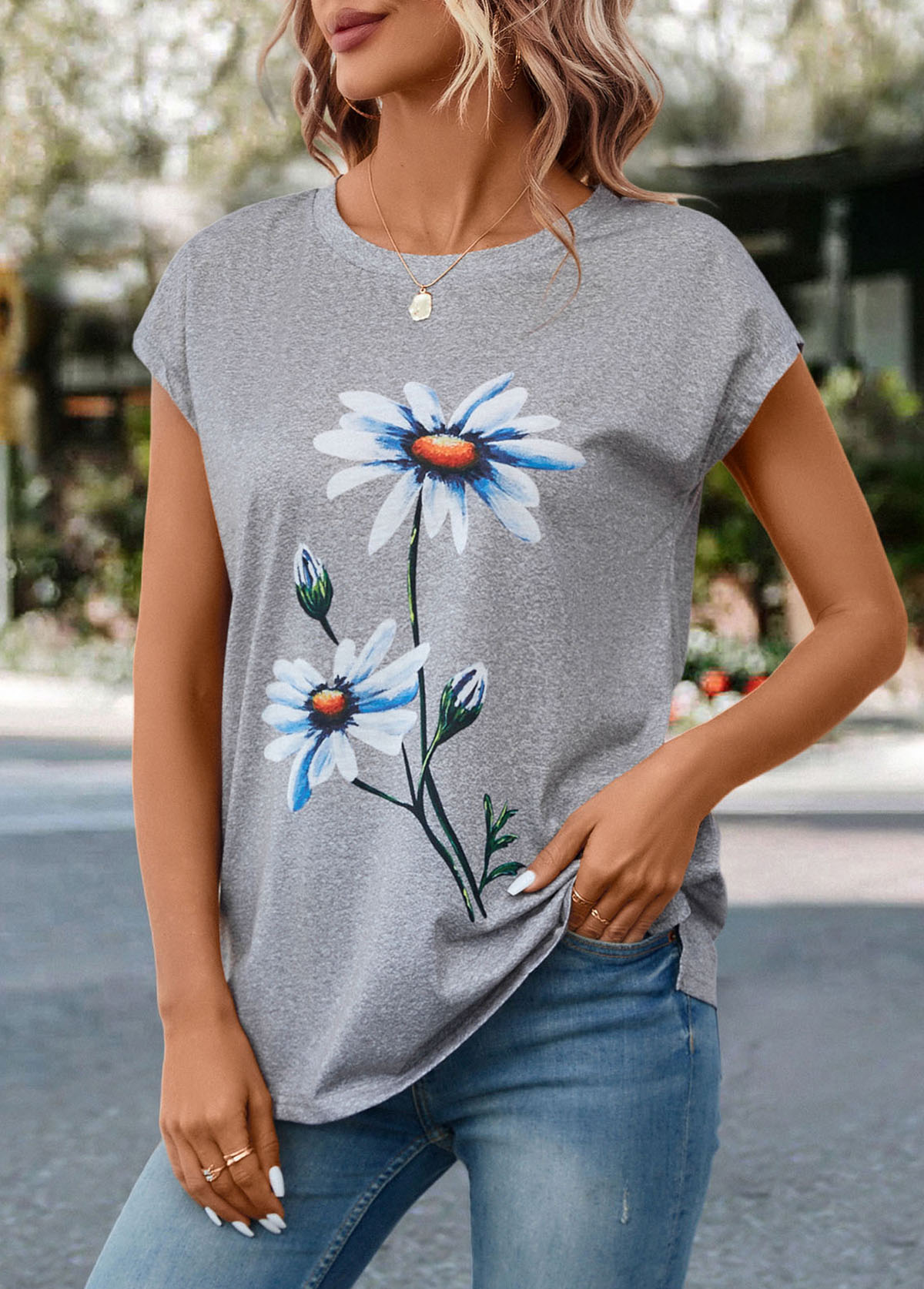 Light Grey Marl Floral Print T Shirt | picture 