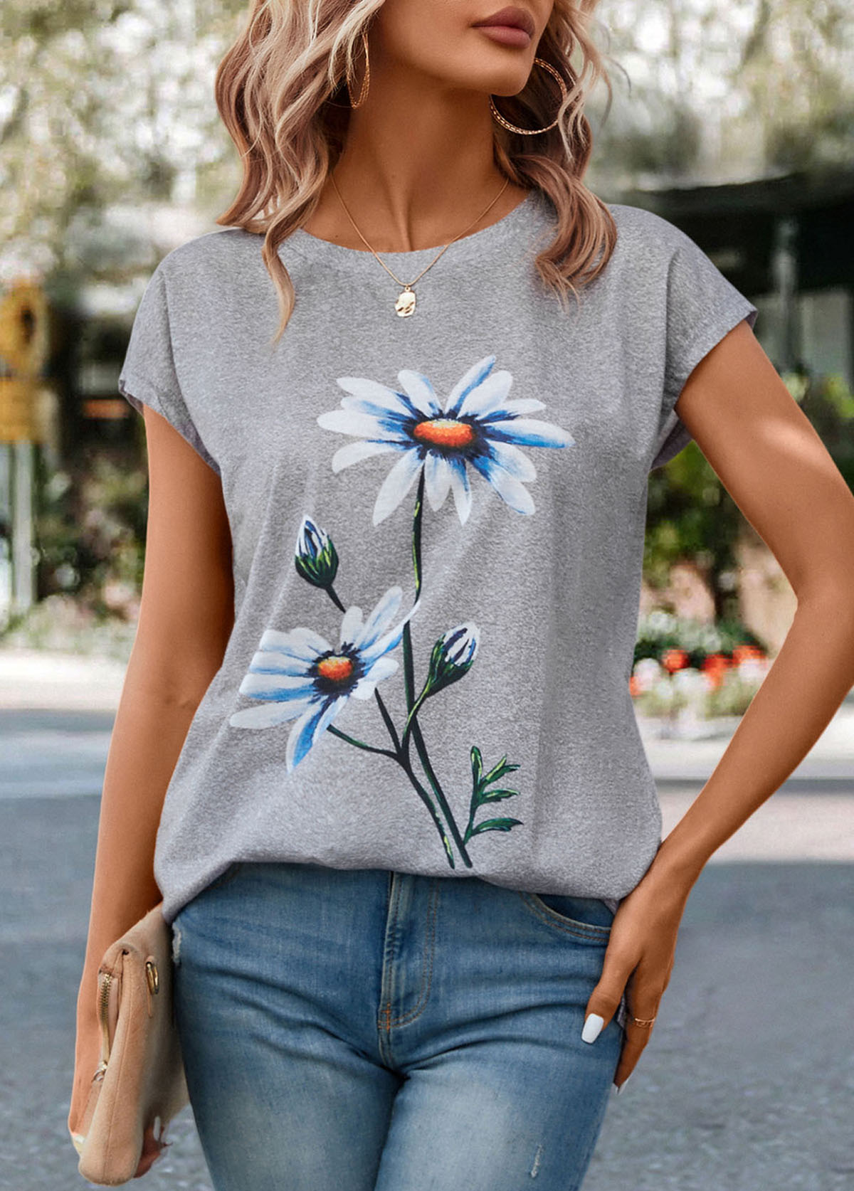 Light Grey Marl Floral Print T Shirt | picture 