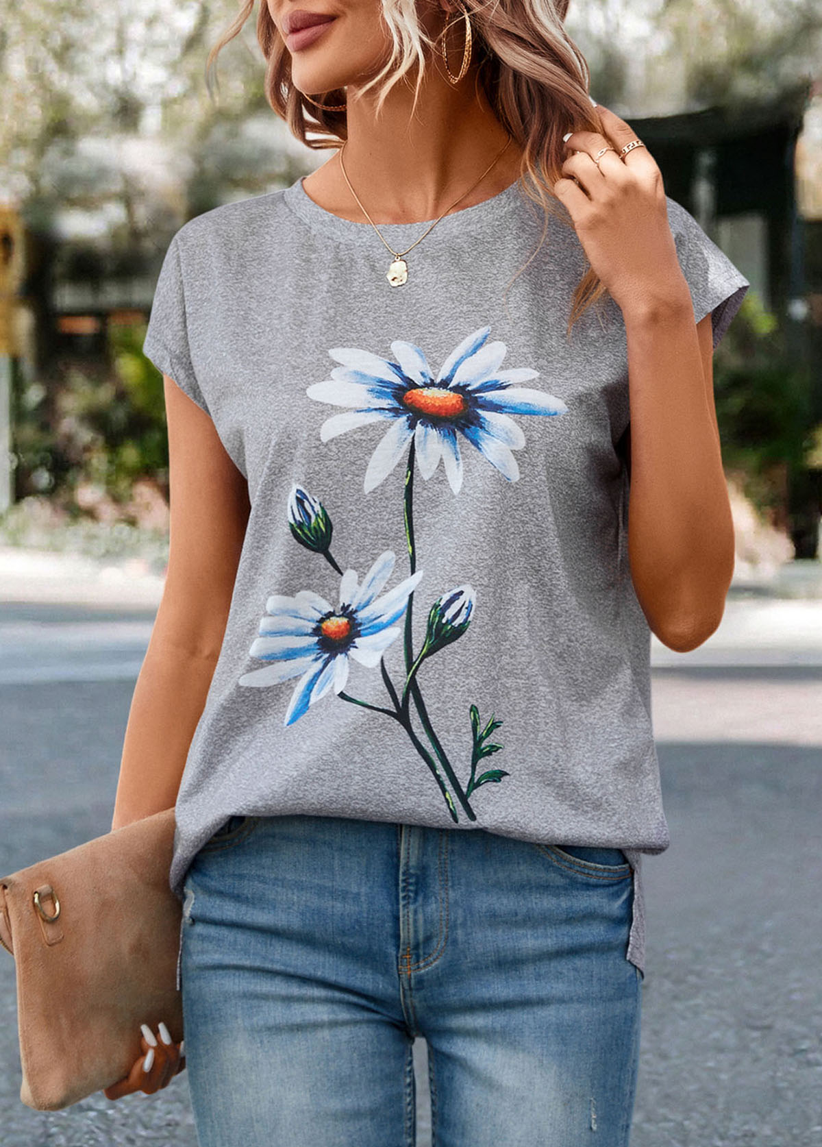 Light Grey Marl Floral Print T Shirt | picture 