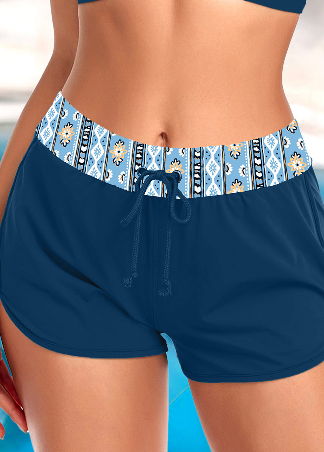 Mid Waisted Geometric Print Peacock Blue Swim Shorts | picture 