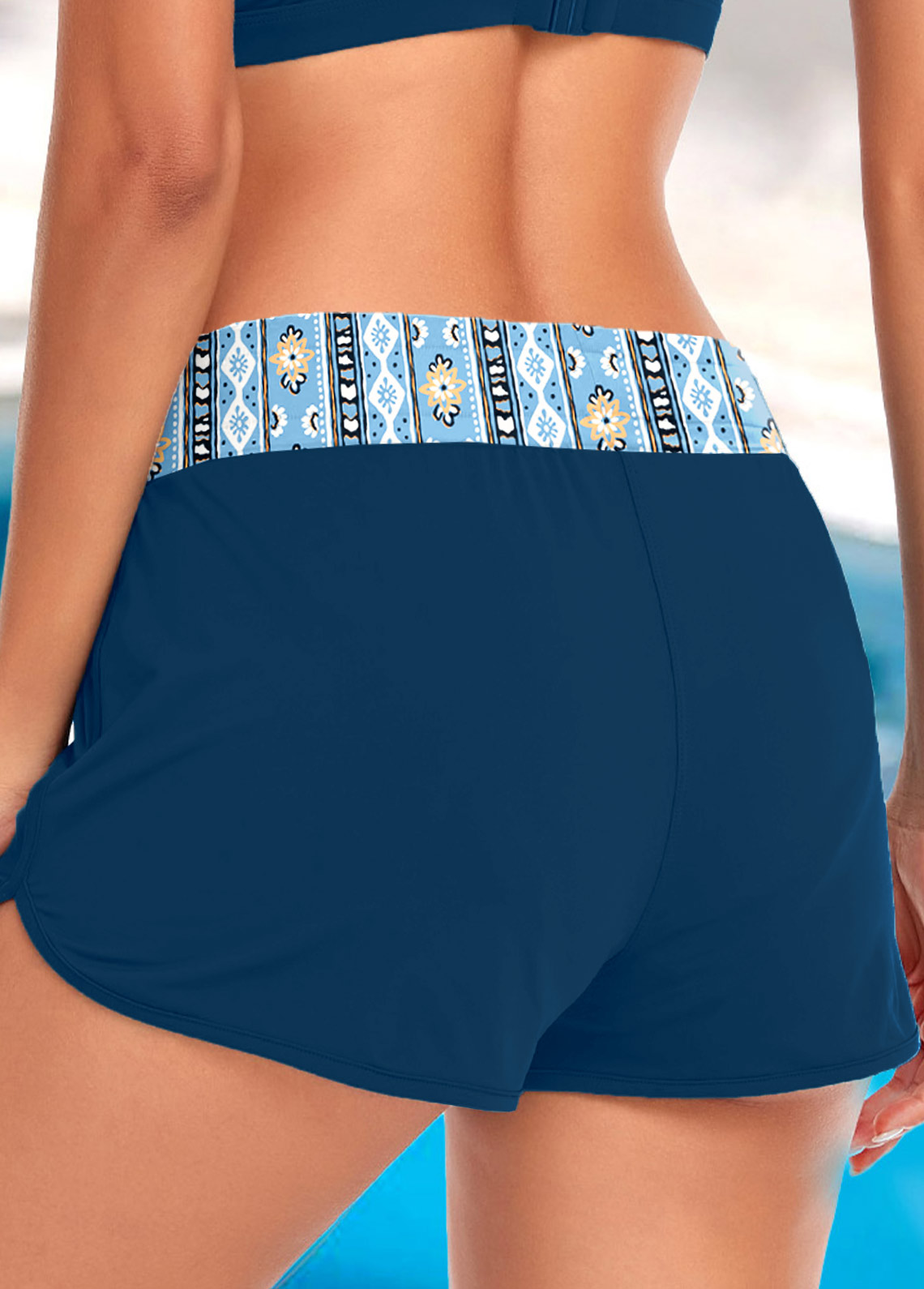 Mid Waisted Geometric Print Peacock Blue Swim Shorts | picture 