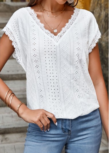 White Lace Short Sleeve V Neck T Shirt | picture 
