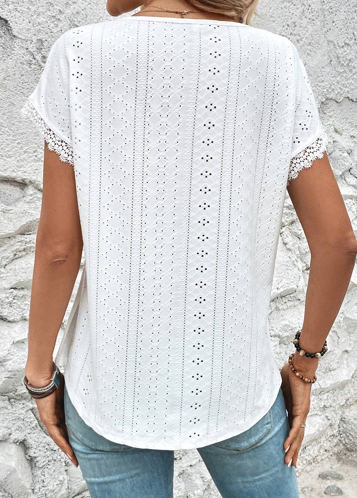 White Lace Short Sleeve V Neck T Shirt | picture 