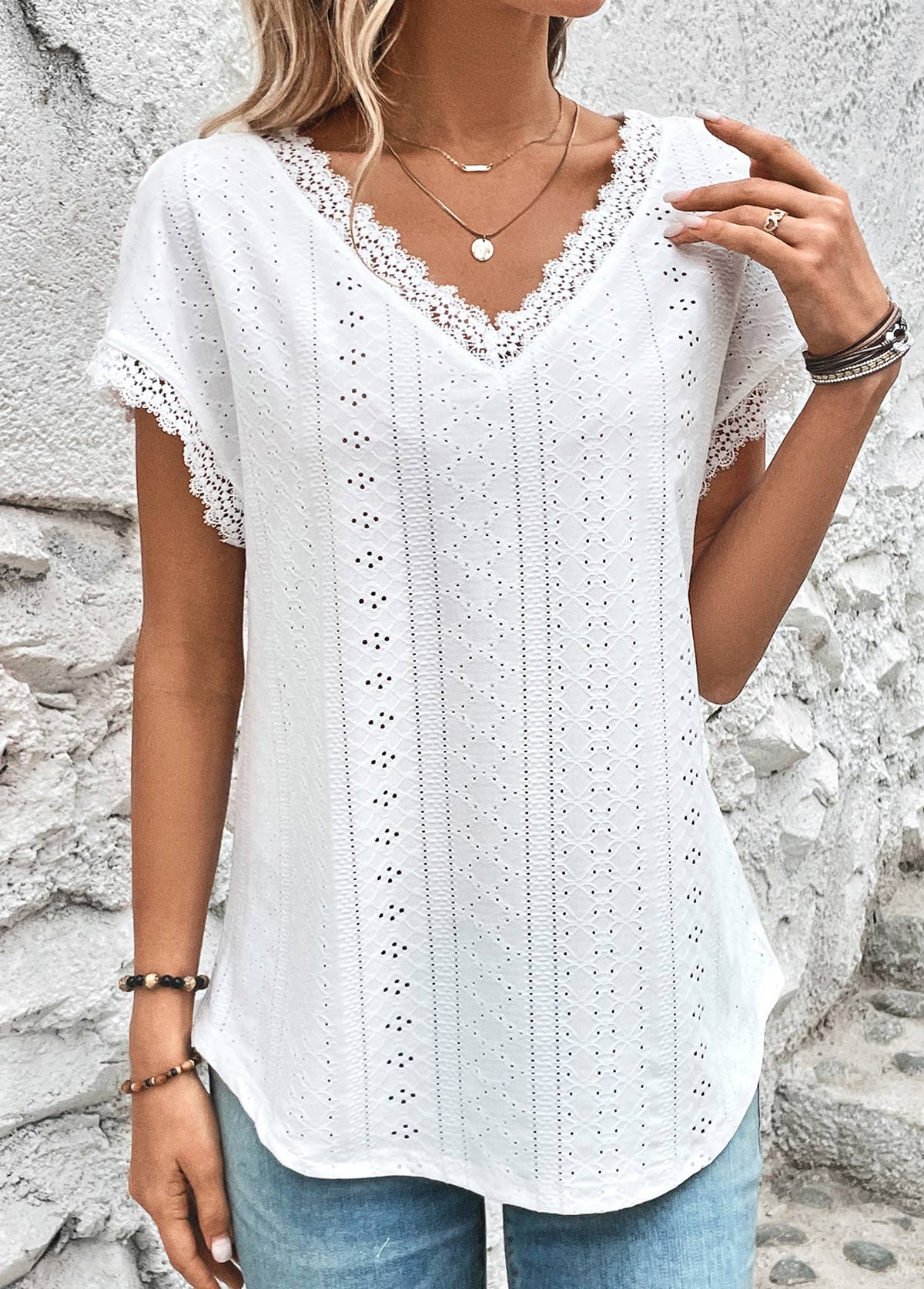White Lace Short Sleeve V Neck T Shirt | picture 