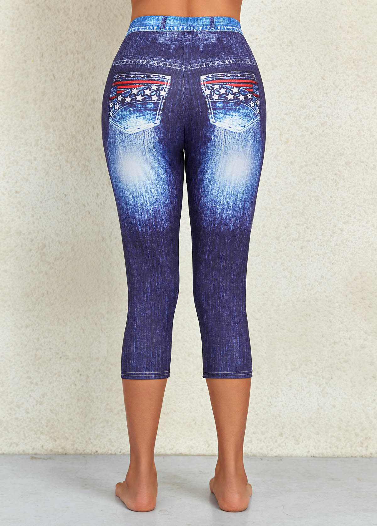 Denim Blue Flag Print Mid Waisted Capri Leggings | picture 