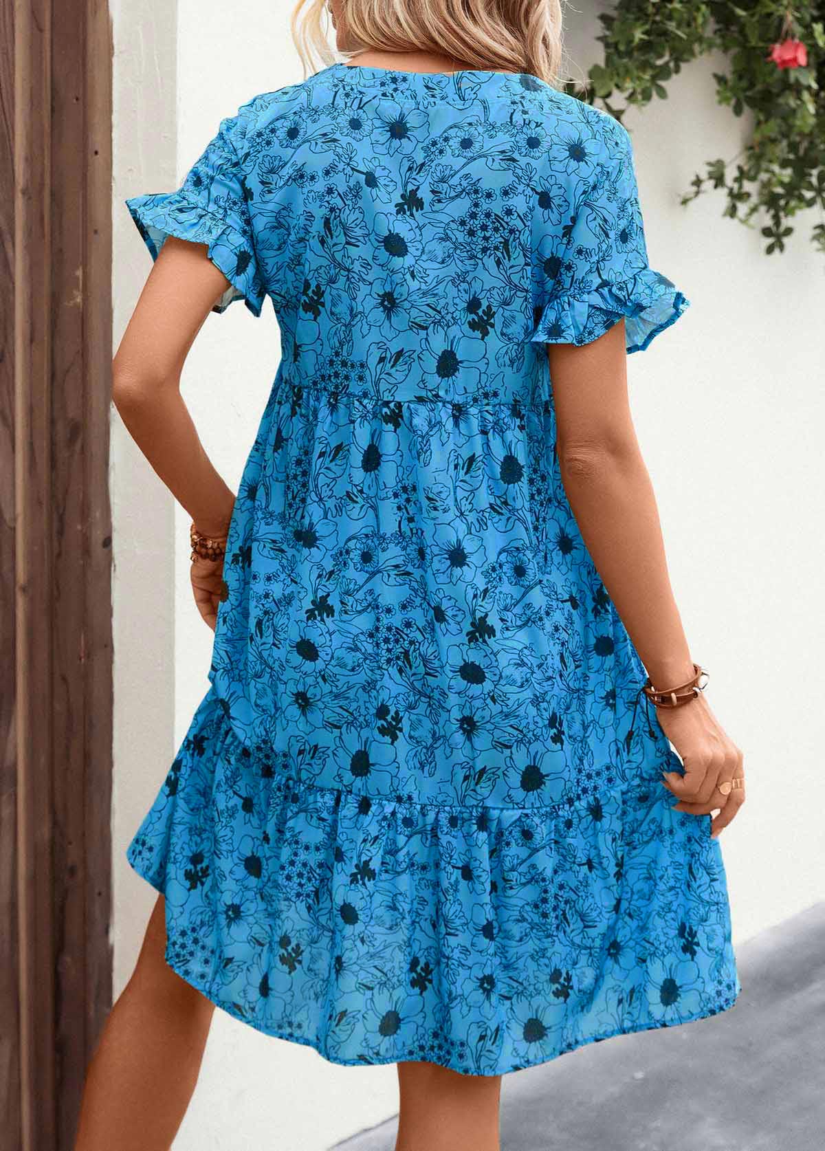 Button Detail Neon Blue Frill Floral Print Dress | picture 2