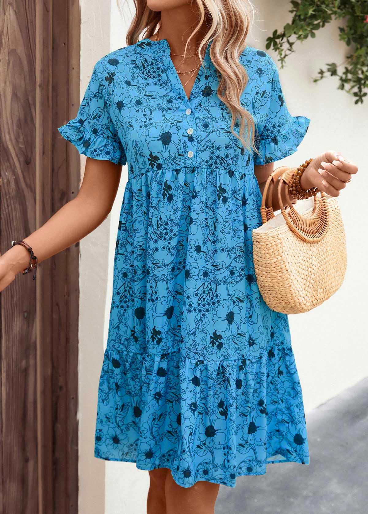 Button Detail Neon Blue Frill Floral Print Dress | picture 6