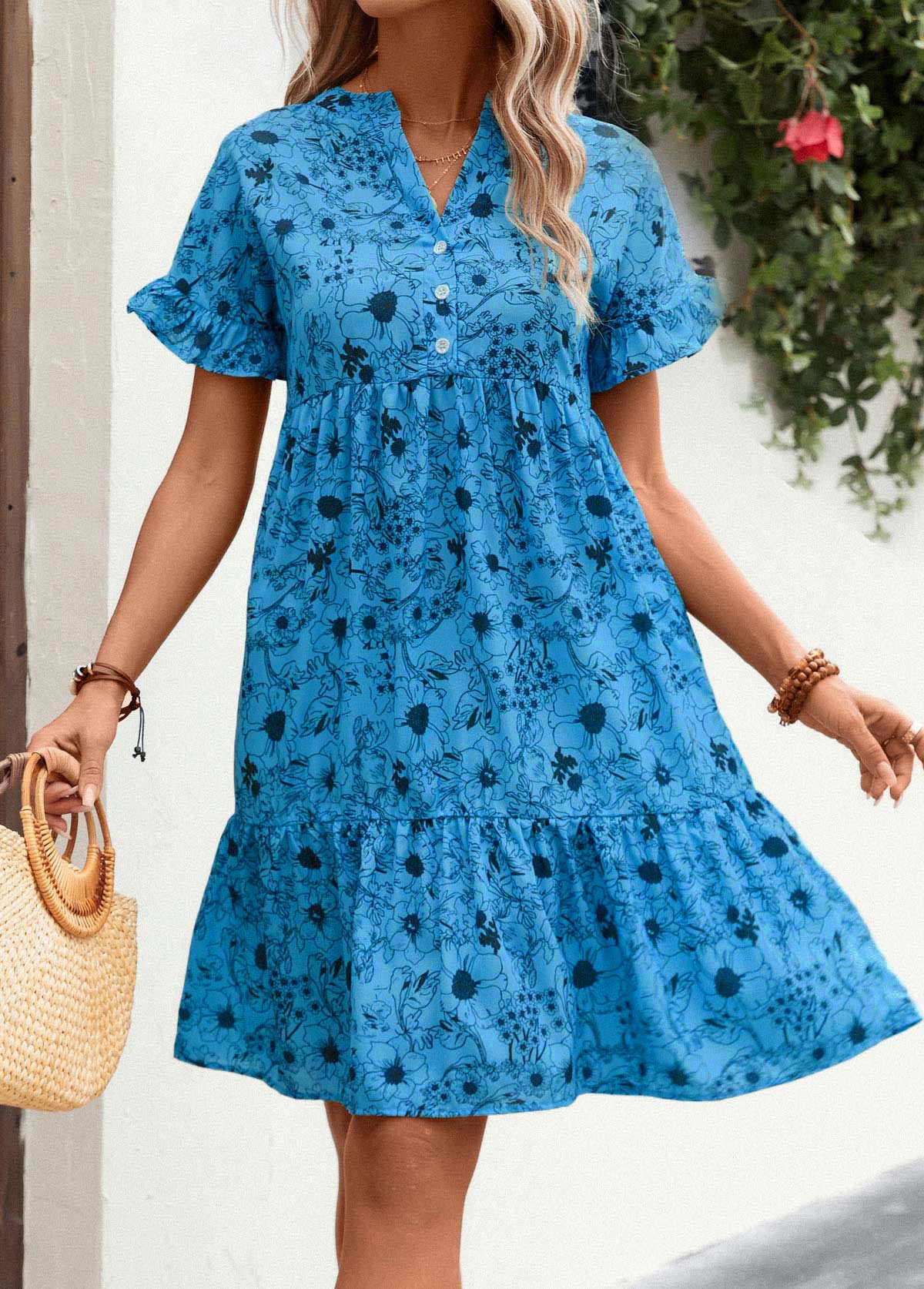 Button Detail Neon Blue Frill Floral Print Dress | picture 4
