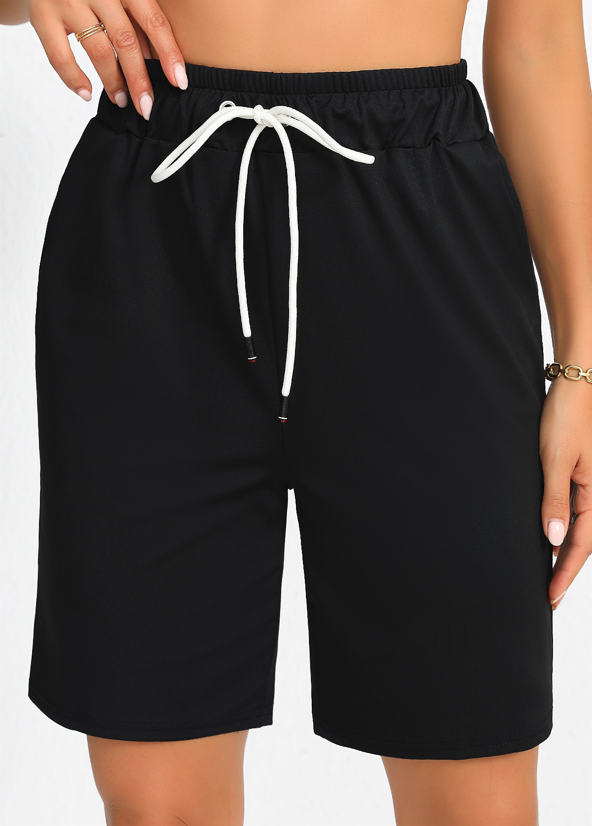 Black Pocket Regular Drawastring High Waisted Shorts | picture 