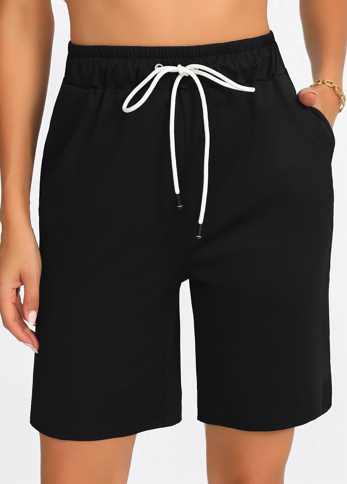 Black Pocket Regular Drawastring High Waisted Shorts | picture 