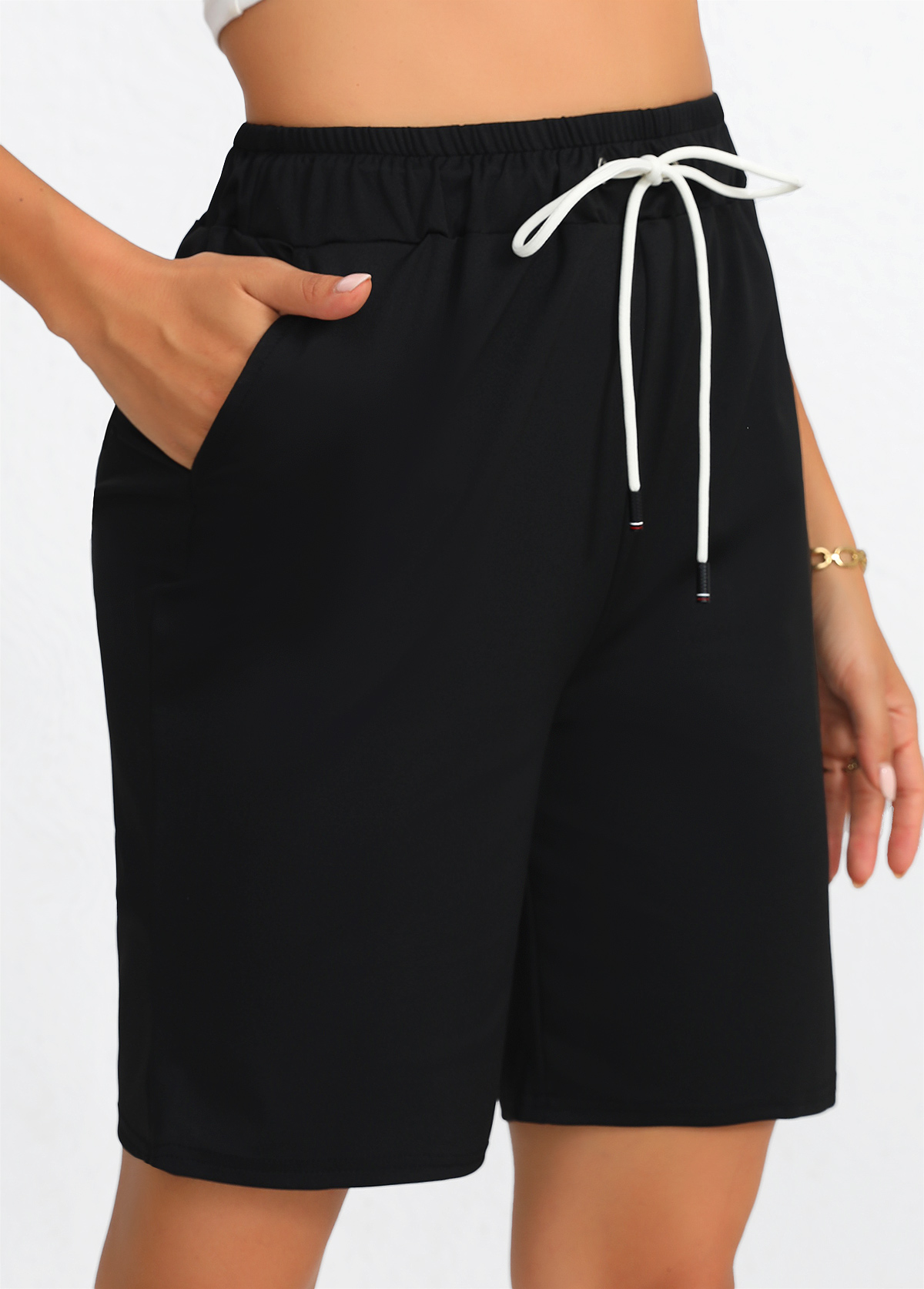Black Pocket Regular Drawastring High Waisted Shorts | picture 