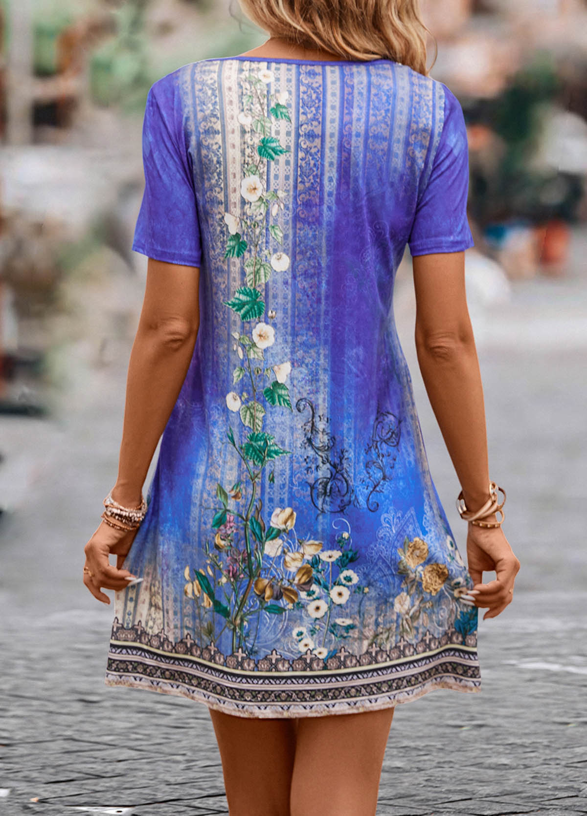Purple Lightweight Floral Print Short V Neck Dress | picture 