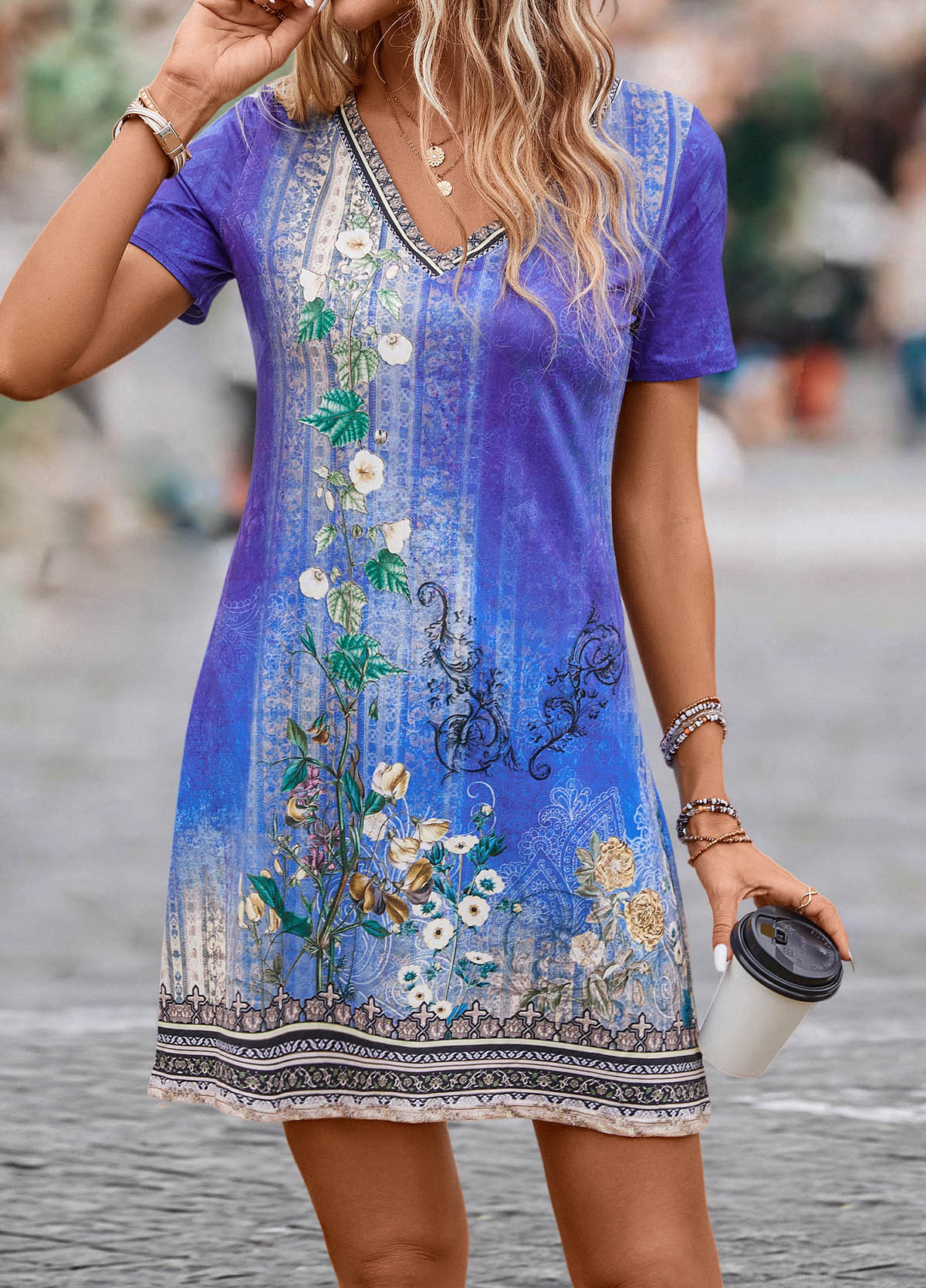 Purple Lightweight Floral Print Short V Neck Dress | picture 