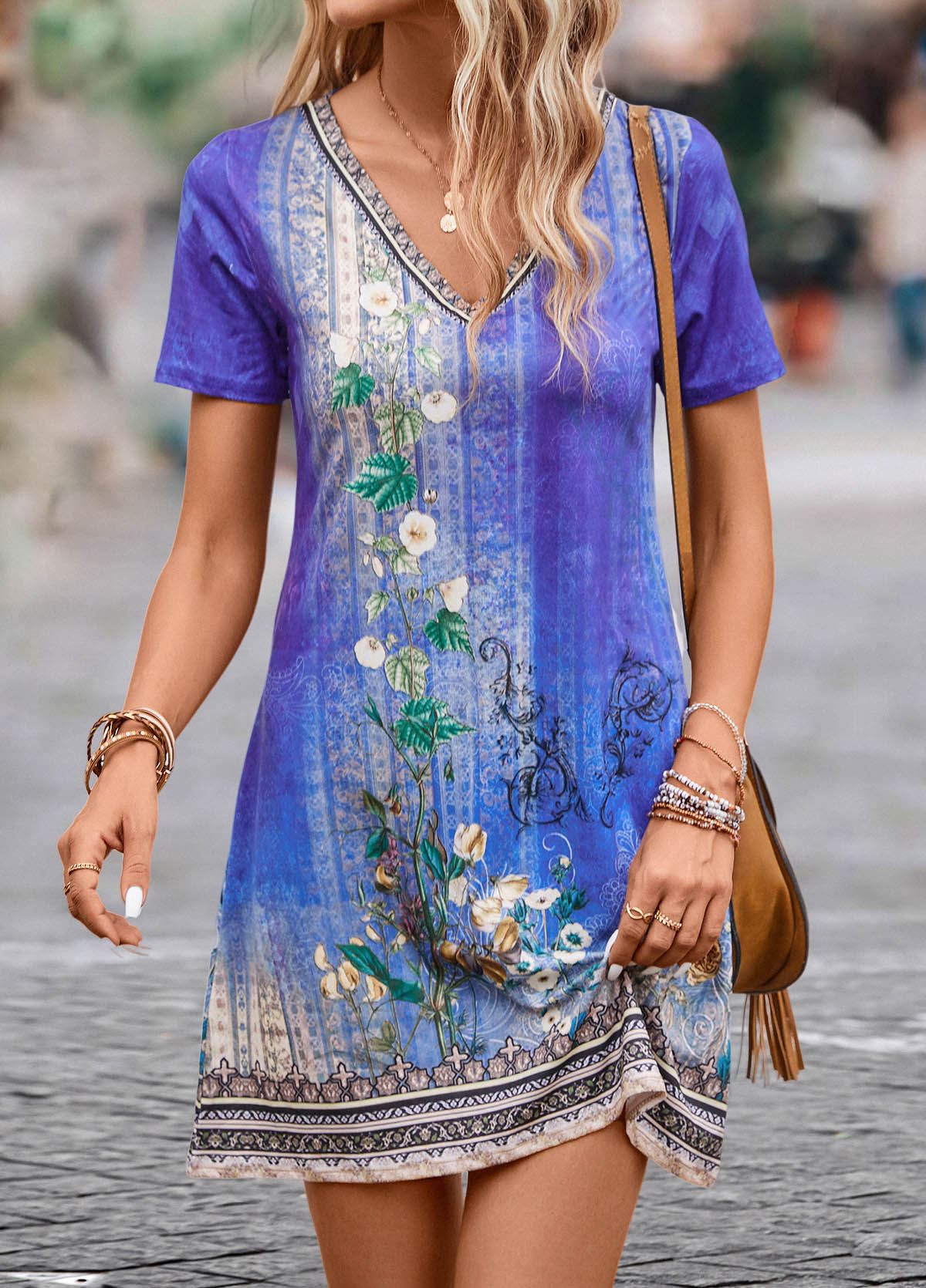 Purple Lightweight Floral Print Short V Neck Dress | picture 