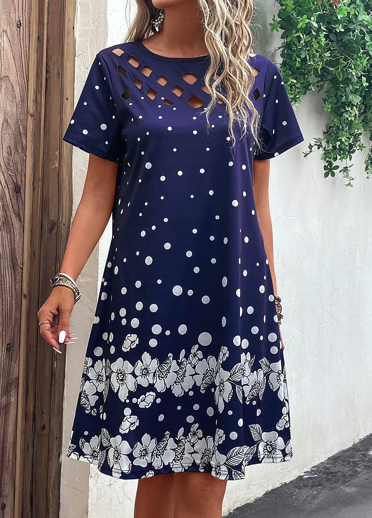 Navy Cut Out Floral Print H Shape Dress | picture 
