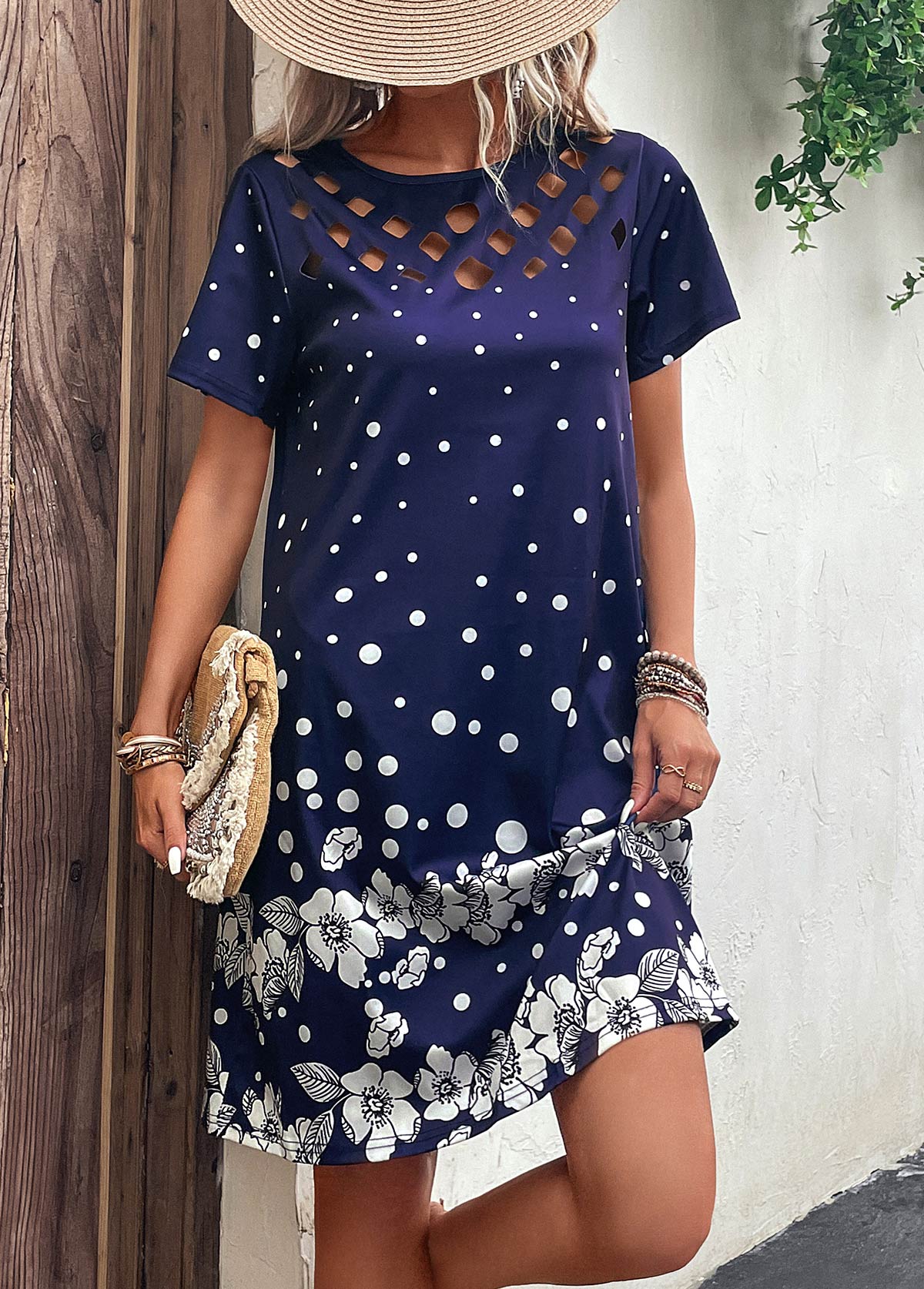 Navy Cut Out Floral Print H Shape Dress | picture 