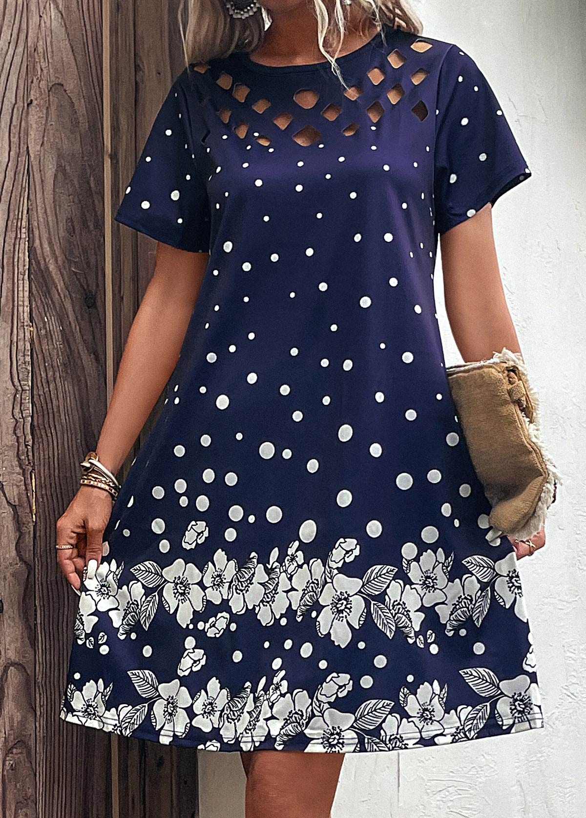 Navy Cut Out Floral Print H Shape Dress | picture 