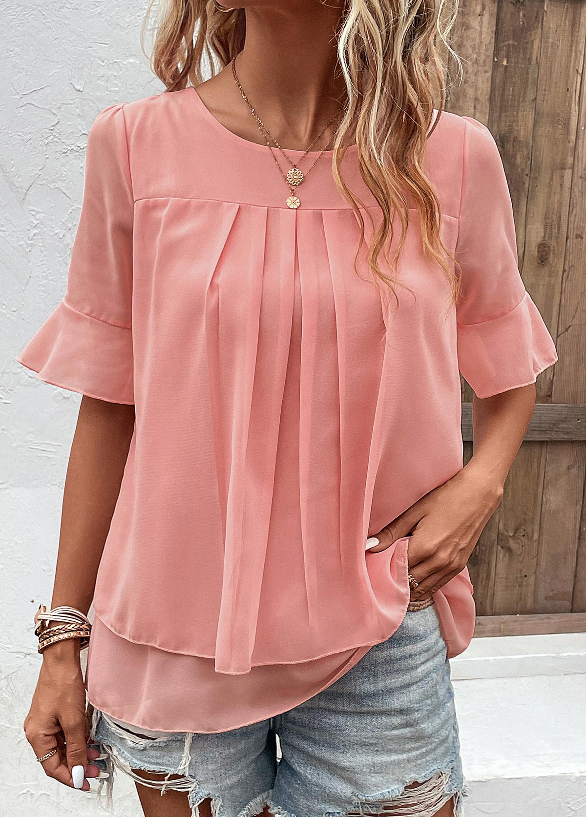 Pink Layered Short Sleeve Round Neck Blouse | picture 