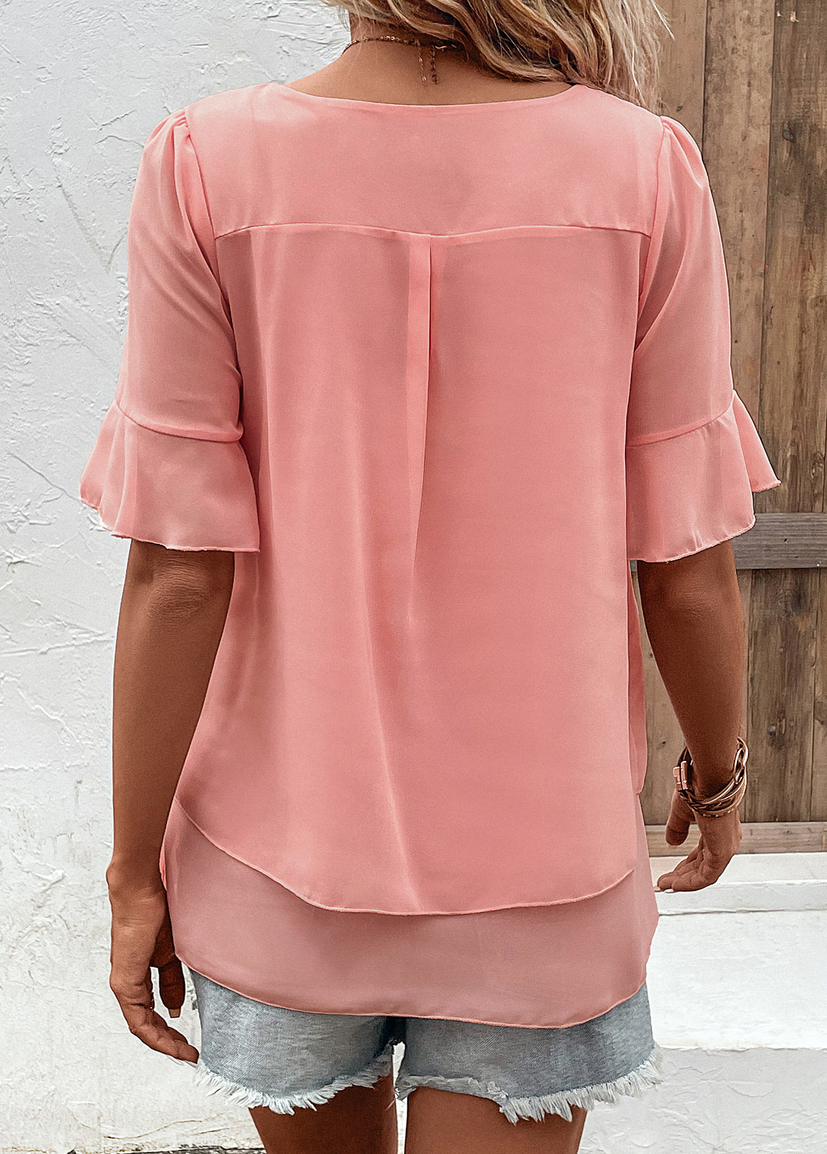 Pink Layered Short Sleeve Round Neck Blouse | picture 
