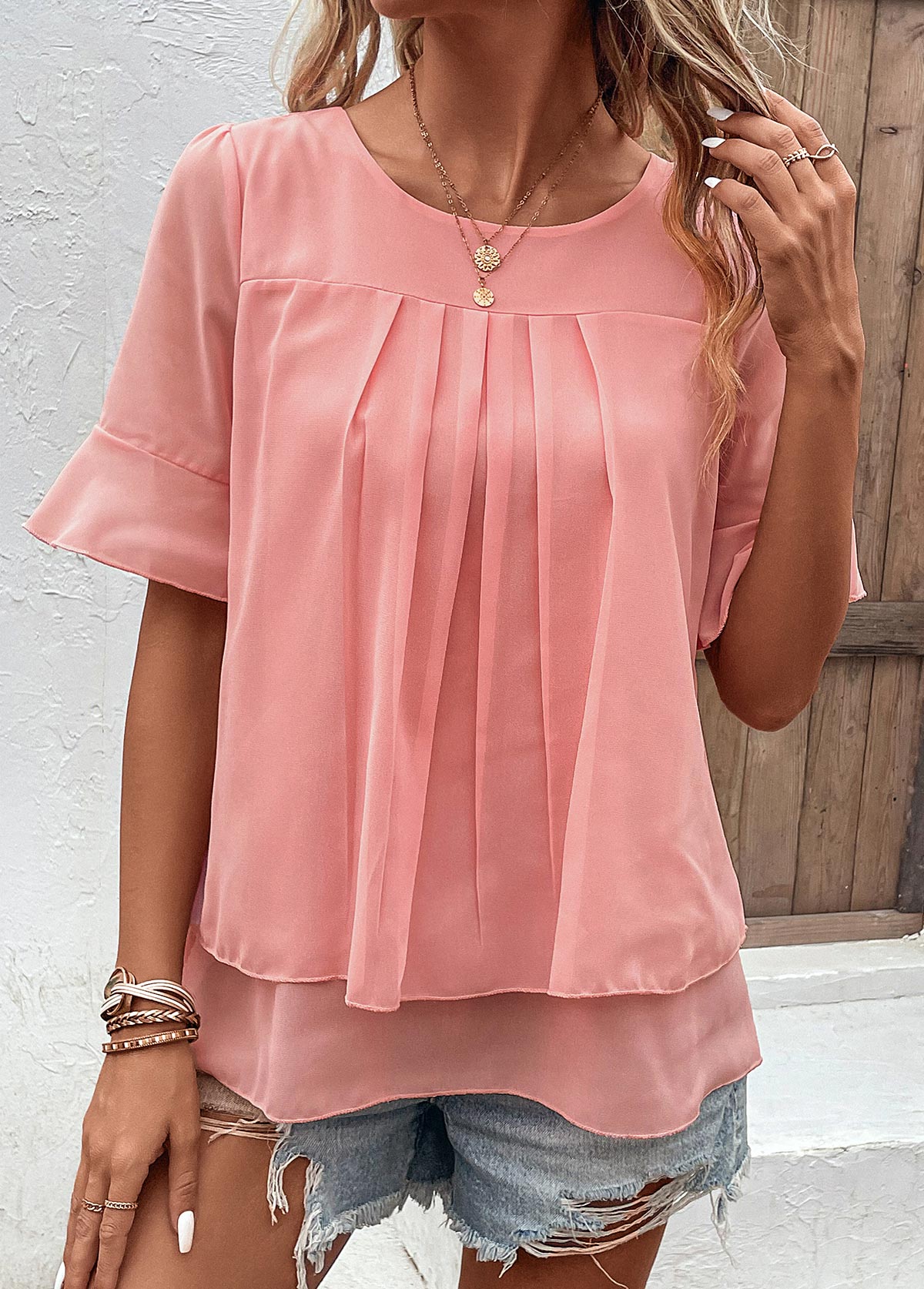Pink Layered Short Sleeve Round Neck Blouse | picture 