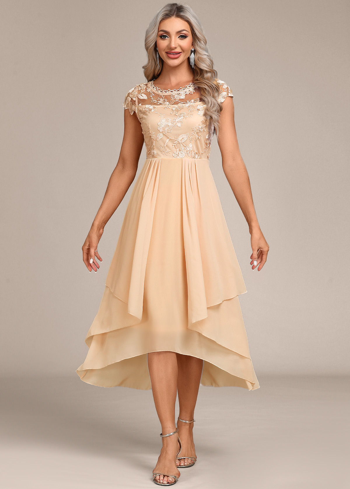 Champagne Lace High Low Short Sleeve Dress | picture 