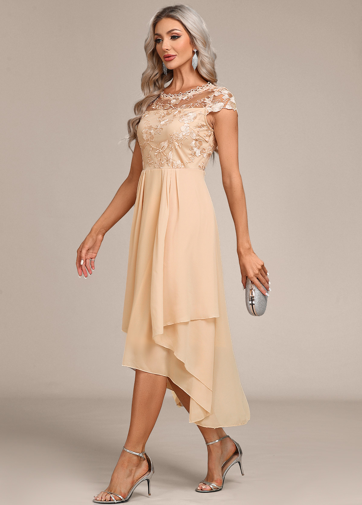 Champagne Lace High Low Short Sleeve Dress | picture 