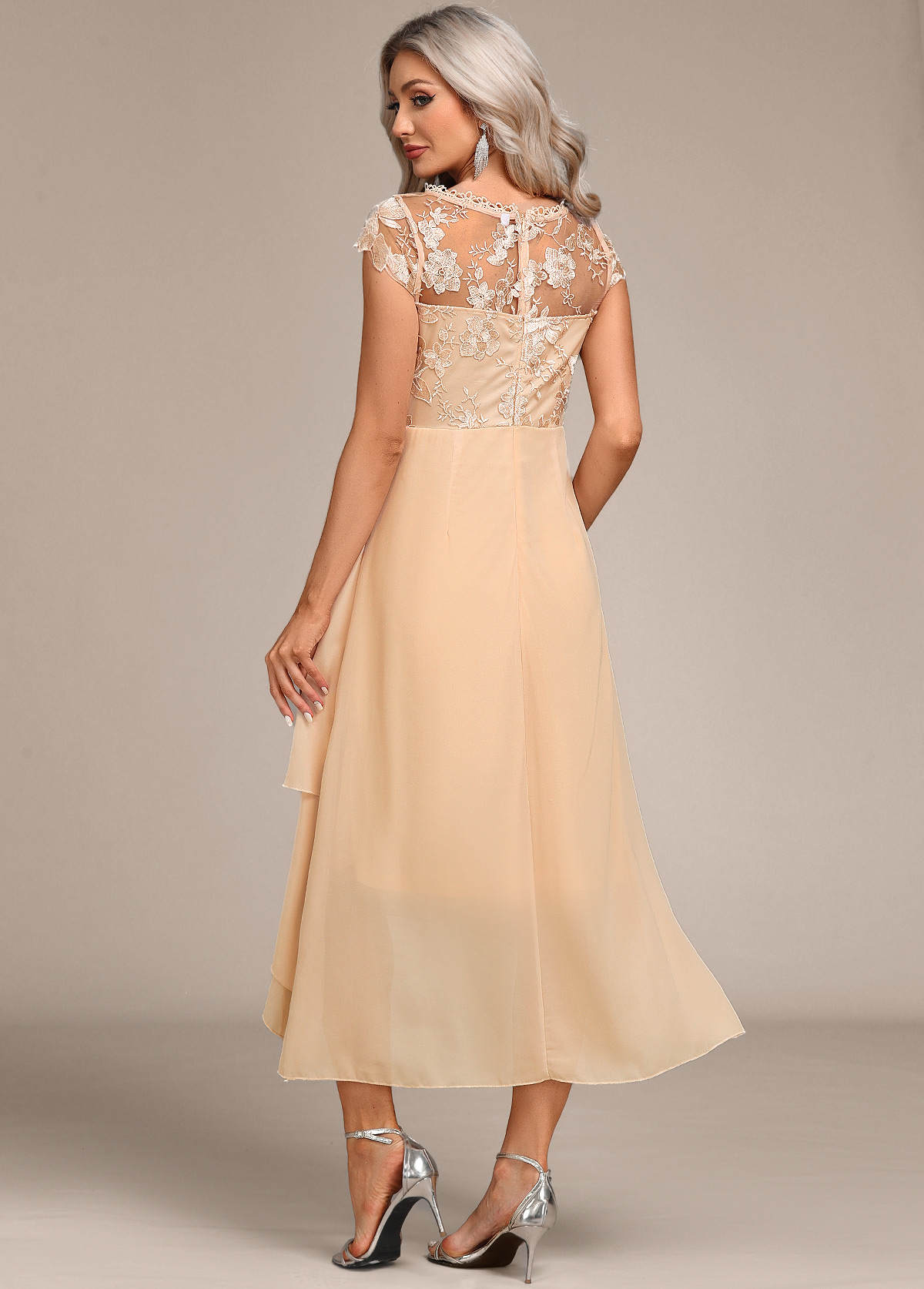 Champagne Lace High Low Short Sleeve Dress | picture 
