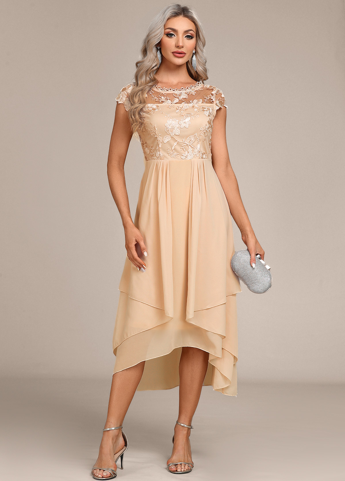 Champagne Lace High Low Short Sleeve Dress | picture 