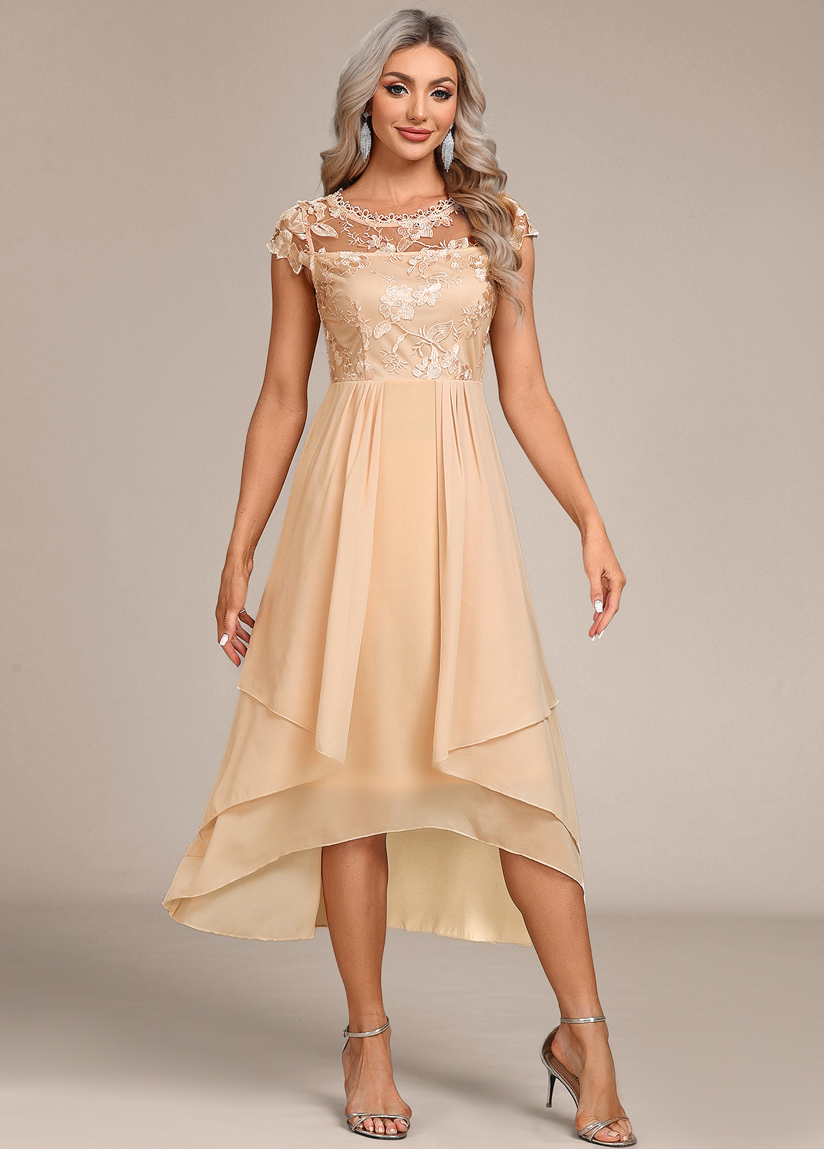Champagne Lace High Low Short Sleeve Dress | picture 